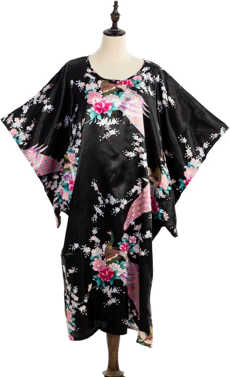 Flower Peacock Satin Silk Kimono Dress, Nightgown, Housedress One Size Fits Most Dressing Gown Robe