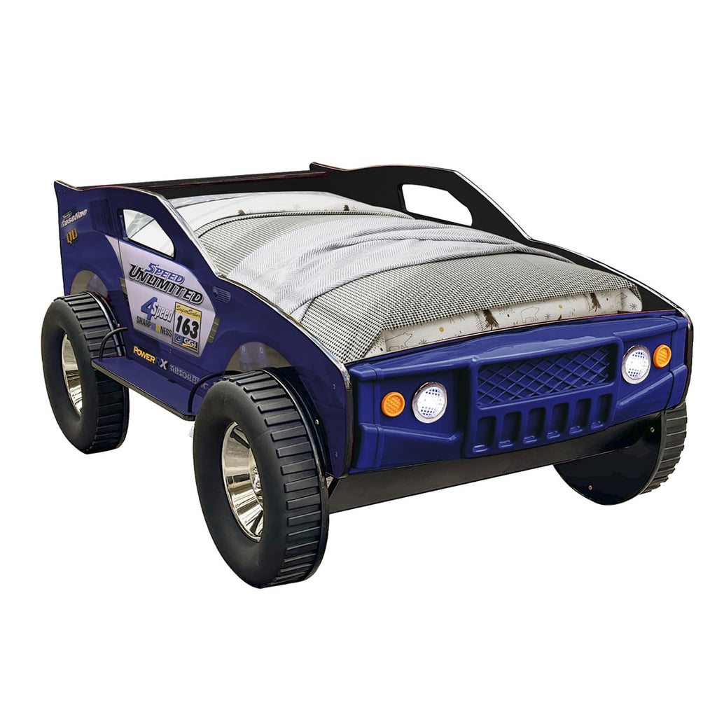 HMFULE Twin racerbilseng, trærammeseng med hjul, LED-lys og lamelsupport til børn, småbørn, teenagere, drenge, ingen boxmadras nødvendig, blå