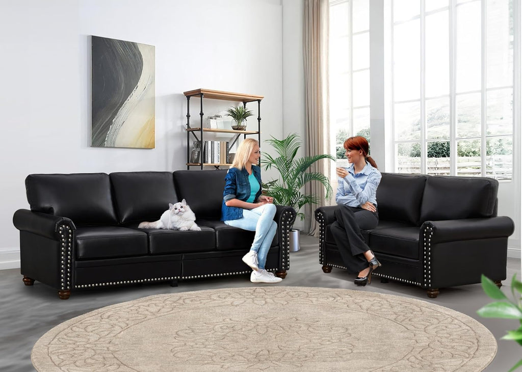 2 Piece Faux Leather Sofa Set,Modern Couch and Loveseat Sets with Storage,Mid Century Couch with Rivet Rolled Arm,Comfy Deep Seat Couch,Furniture for Living Room,Office(Loveseat+3 Seater,Black)
