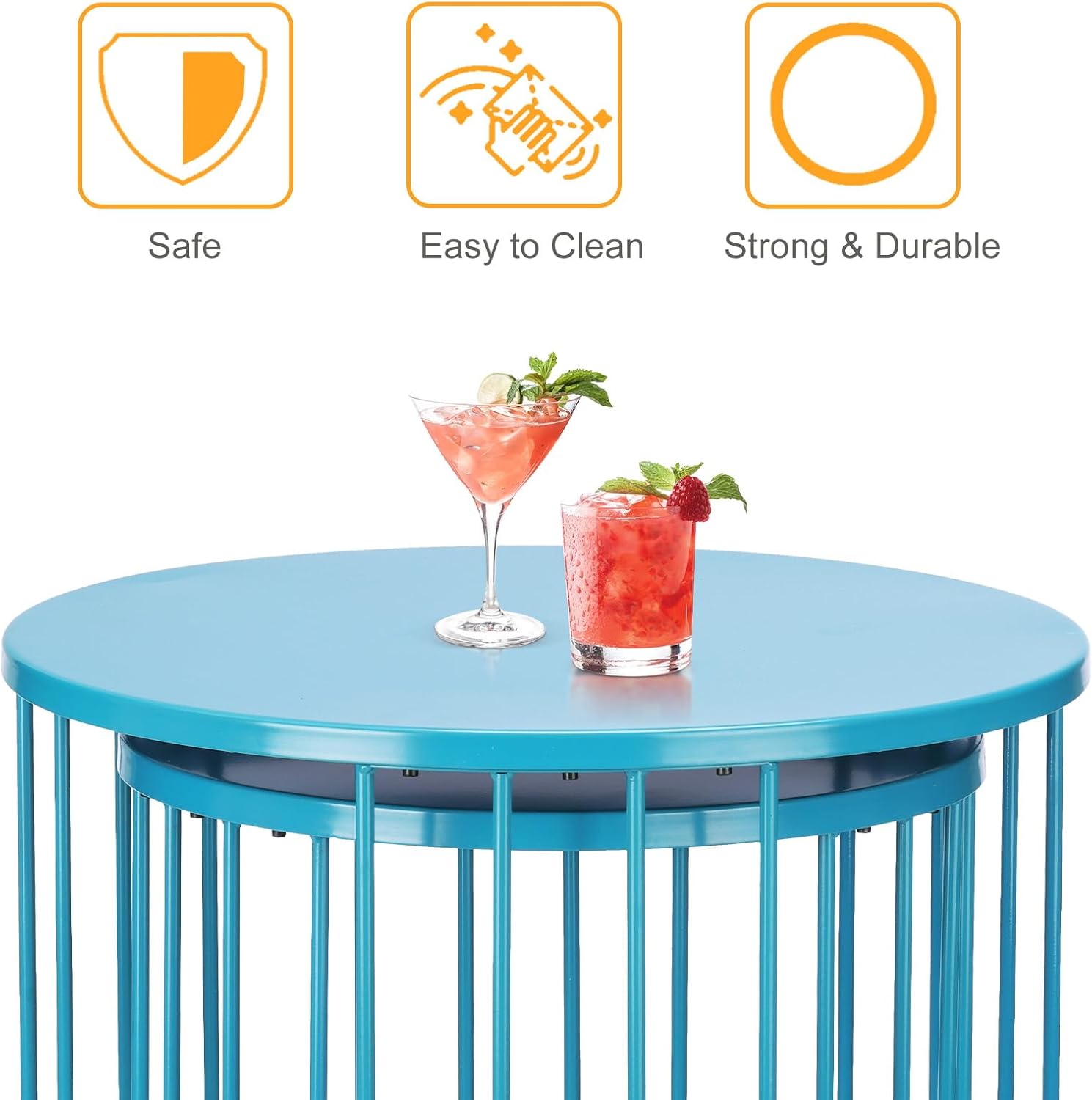 LEWIS&WAYNE Outdoor Side Table Set of 2, Metal Circle Accent End Tables for Balcony Backyard Garden Indoor Living Room, Durable Blue Nesting Coffee Tables, 20”+16” Dia