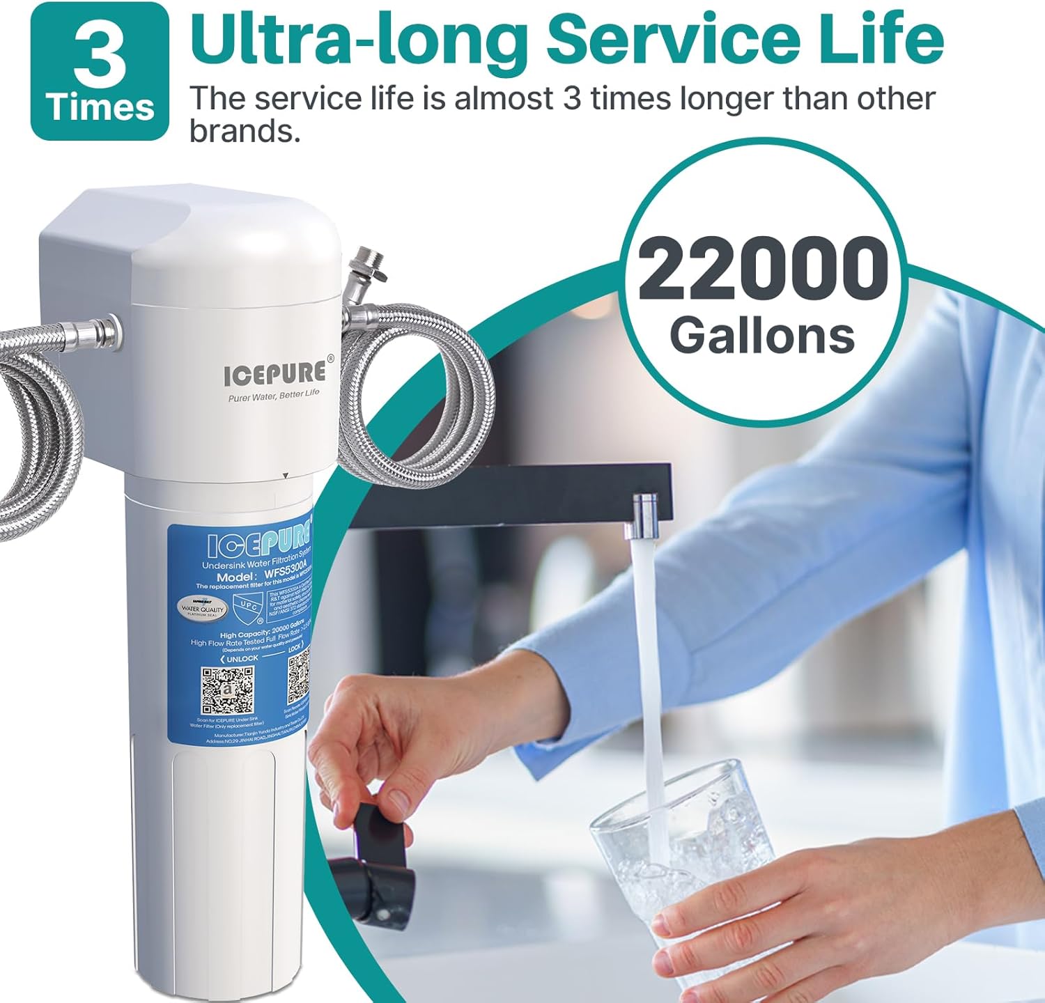 ICEPURE Under Sink Water Filter System, 3 Years or 22000 Gallons Ultra High Life NSF/ANSI 42 Certified, Removes Heavy Metals,Chlorine,Direct Connect Under Counter Drinking Water System, USA Tech