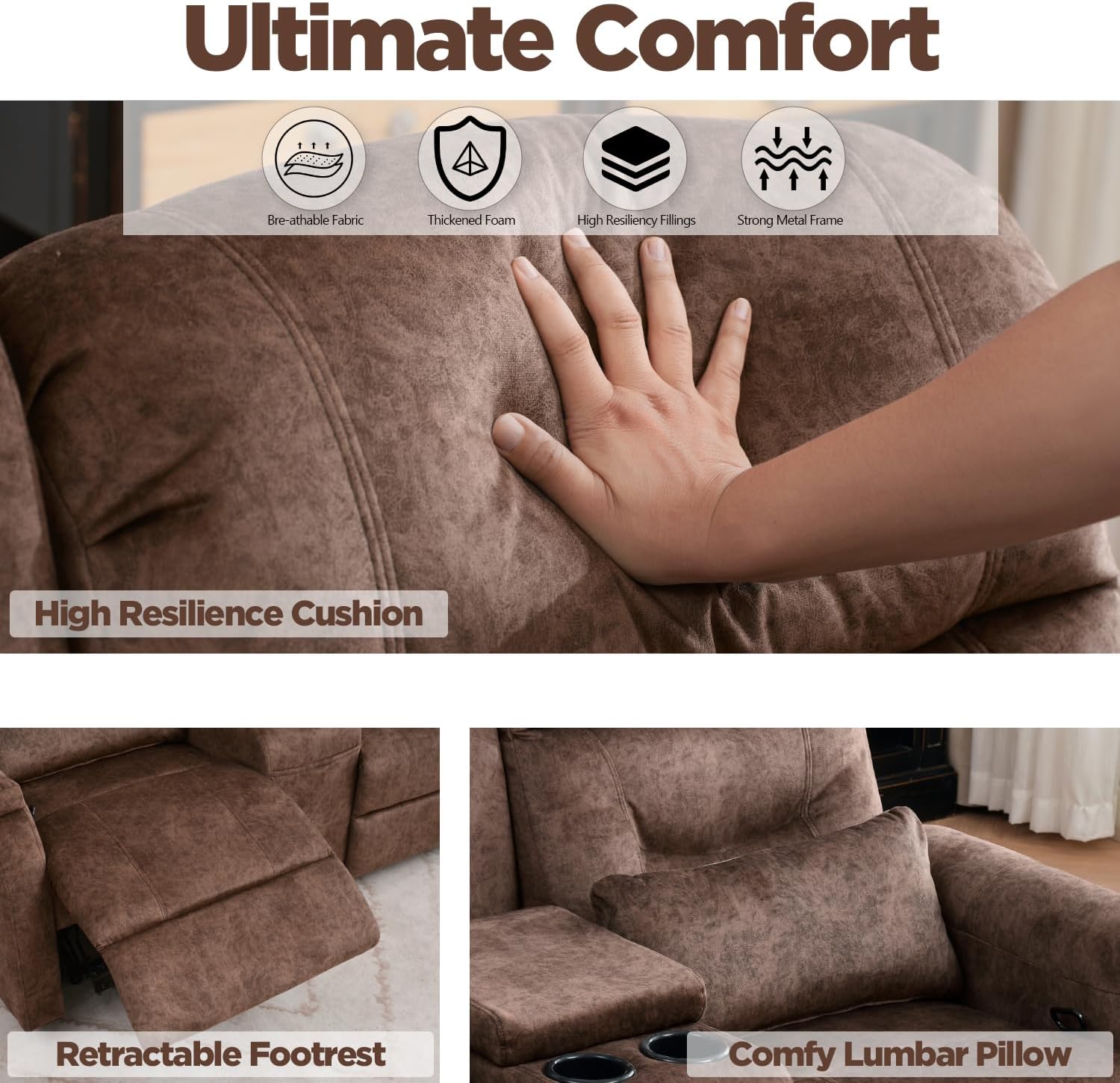 Reclining Loveseat Sofa, RV Loveseat Recliner with Console, Manual Home Theater Seating Loveseat with Cup Holders/Pockets, RV recliners for Living Room (Brown)