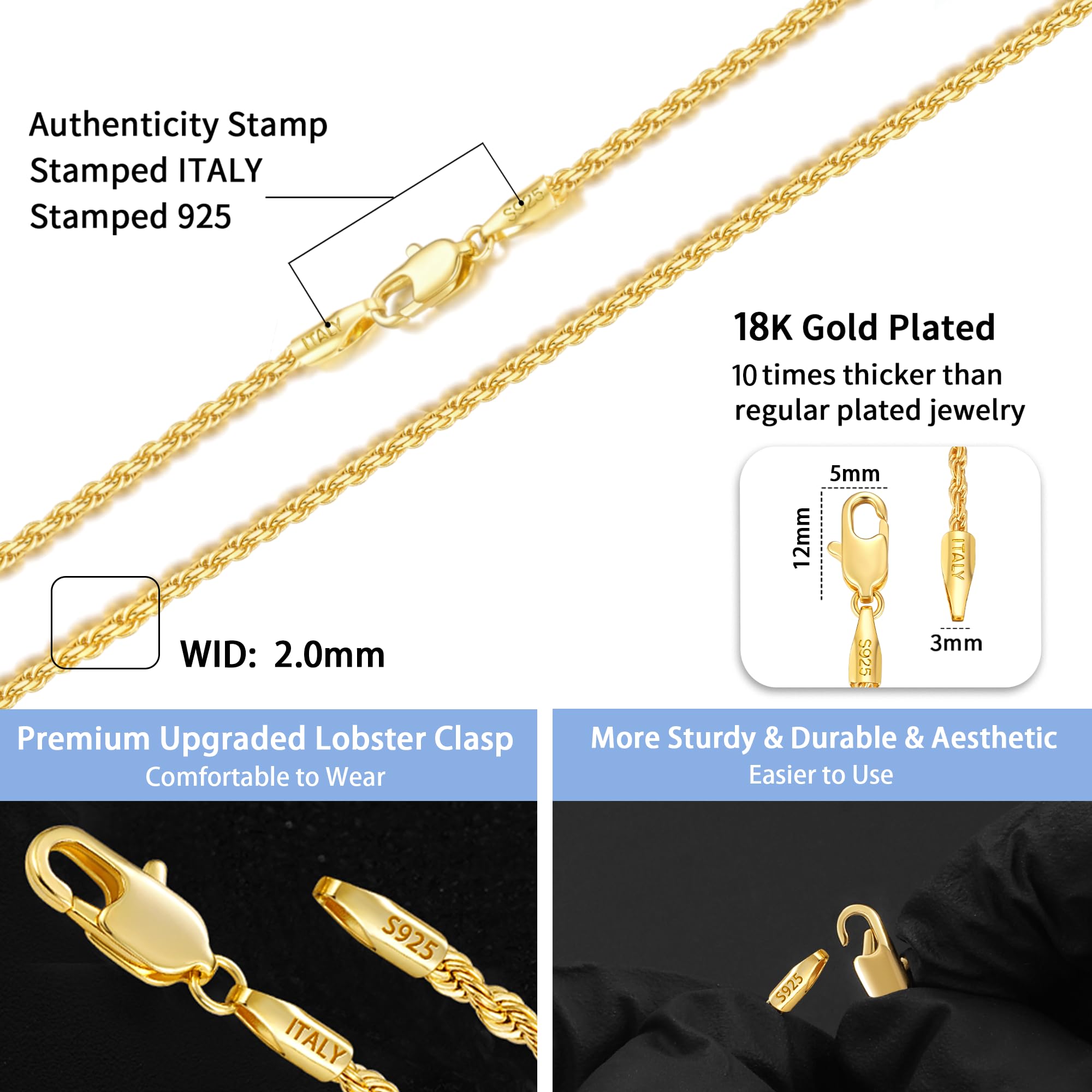 Colar Corrente Italiana Sólida Jewlpire em Ouro 18k para Mulheres, Corrente Corda de 2mm Corrente de Ouro para Mulheres Brilhante, Confortável e Resistente Colares de Corrente Femininos 18 Polegadas