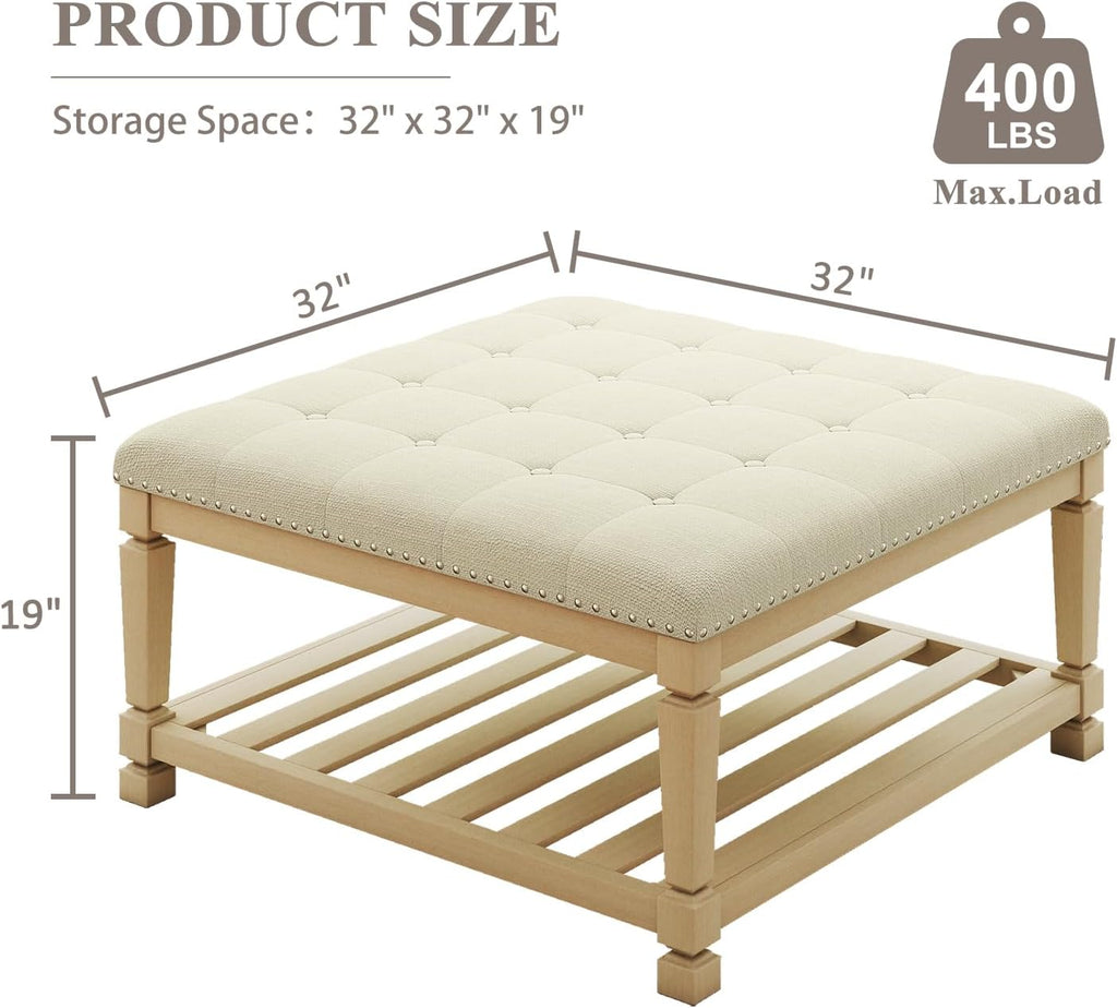 Large Square Ottoman Coffee Table, Linen Solid Upholstered Footrest Ottoman with Solid Wood Shelf Storage Tufted Coffee Table for Bedroom Living Room-Ivory