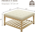 Large Square Ottoman Coffee Table, Linen Solid Upholstered Footrest Ottoman with Solid Wood Shelf Storage Tufted Coffee Table for Bedroom Living Room-Ivory