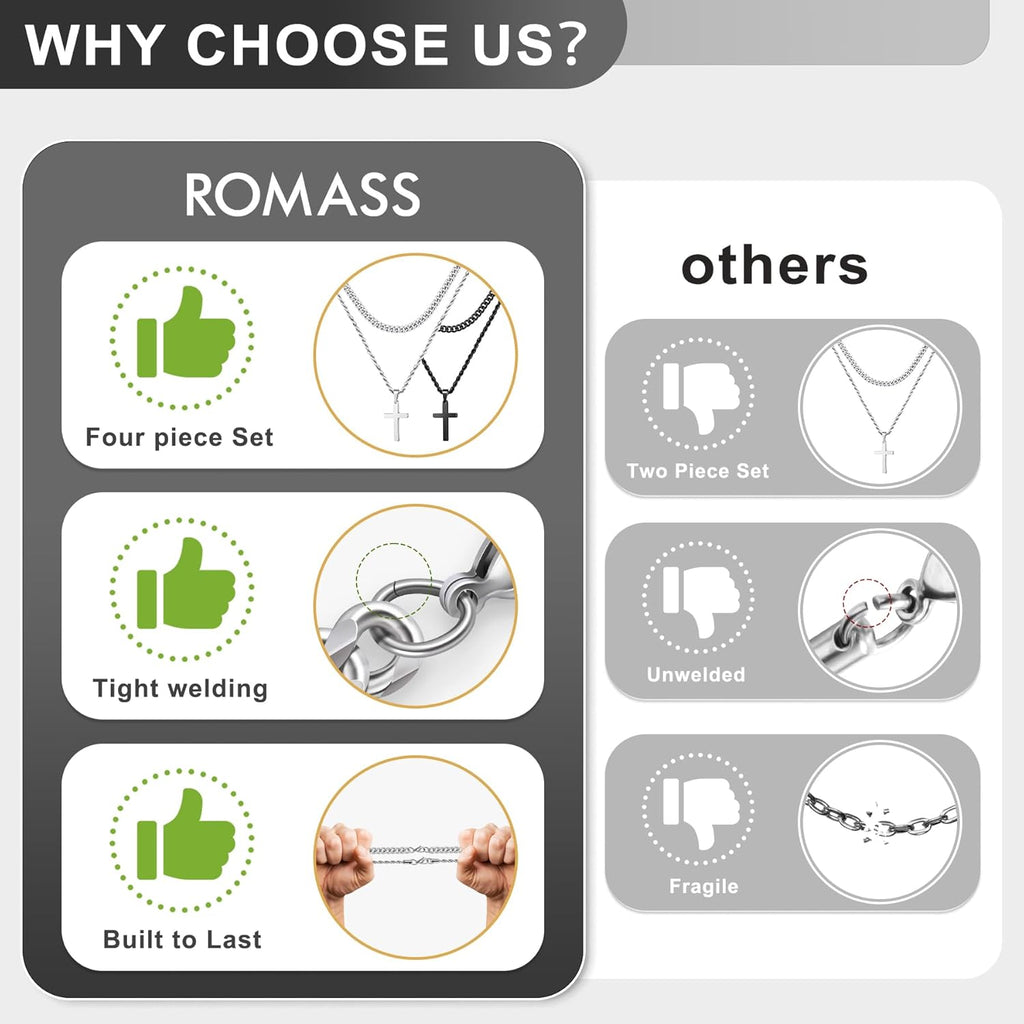Romass 4Pcs Cross Necklace for Men,Silver Black Layered Necklace for Men Stainless Steel Cross Chain Pendant Jewelry Box Gifts 18-24 Inches