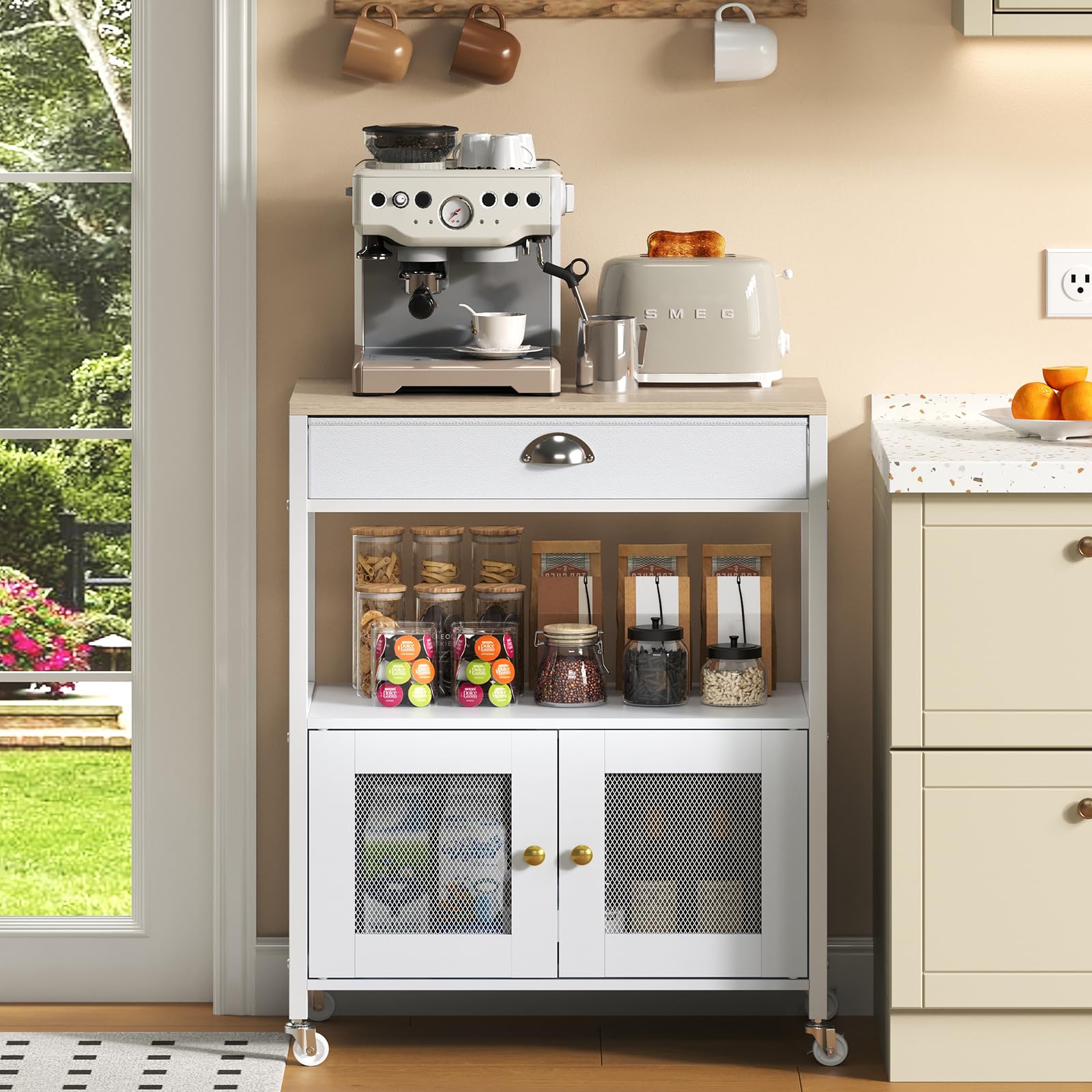 X-cosrack Buffets Coffee Bar Station, 3-Tier Small Coffee Stand Station with Storage, Farmhouse-Style Microwave Cart Featuring 2-Door Cabinet Ideal for Living Room, Entryway, Sideboards