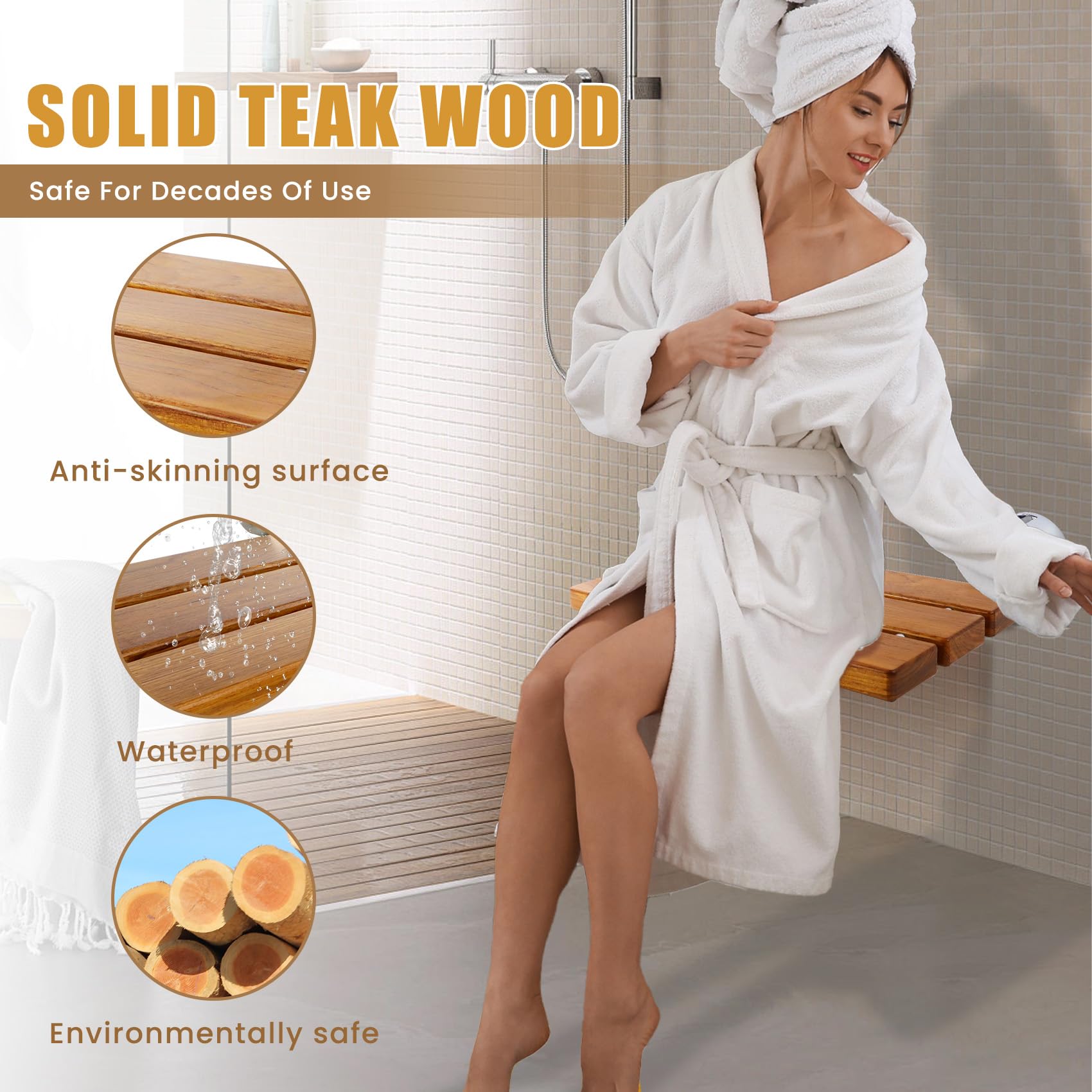 20" Teak Folding Shower Seat Wall Mounted,Fold Down Shower Bench for Small Shower Space, Home Care Teak Wood Stool for Inside Shower,Pregnants-Maximum Load 440lb[European Teak]