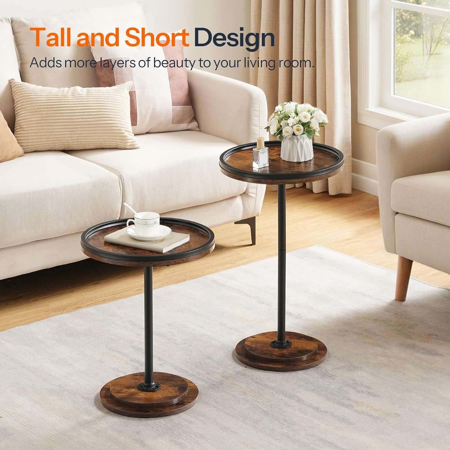 HOOBRO Small Coffee Table Set of 2, Round Coffee Side Table with Wooden Pedestal, Modern Accent End Tables for Living Room, Bedroom, Rustic Brown BF170BZ01