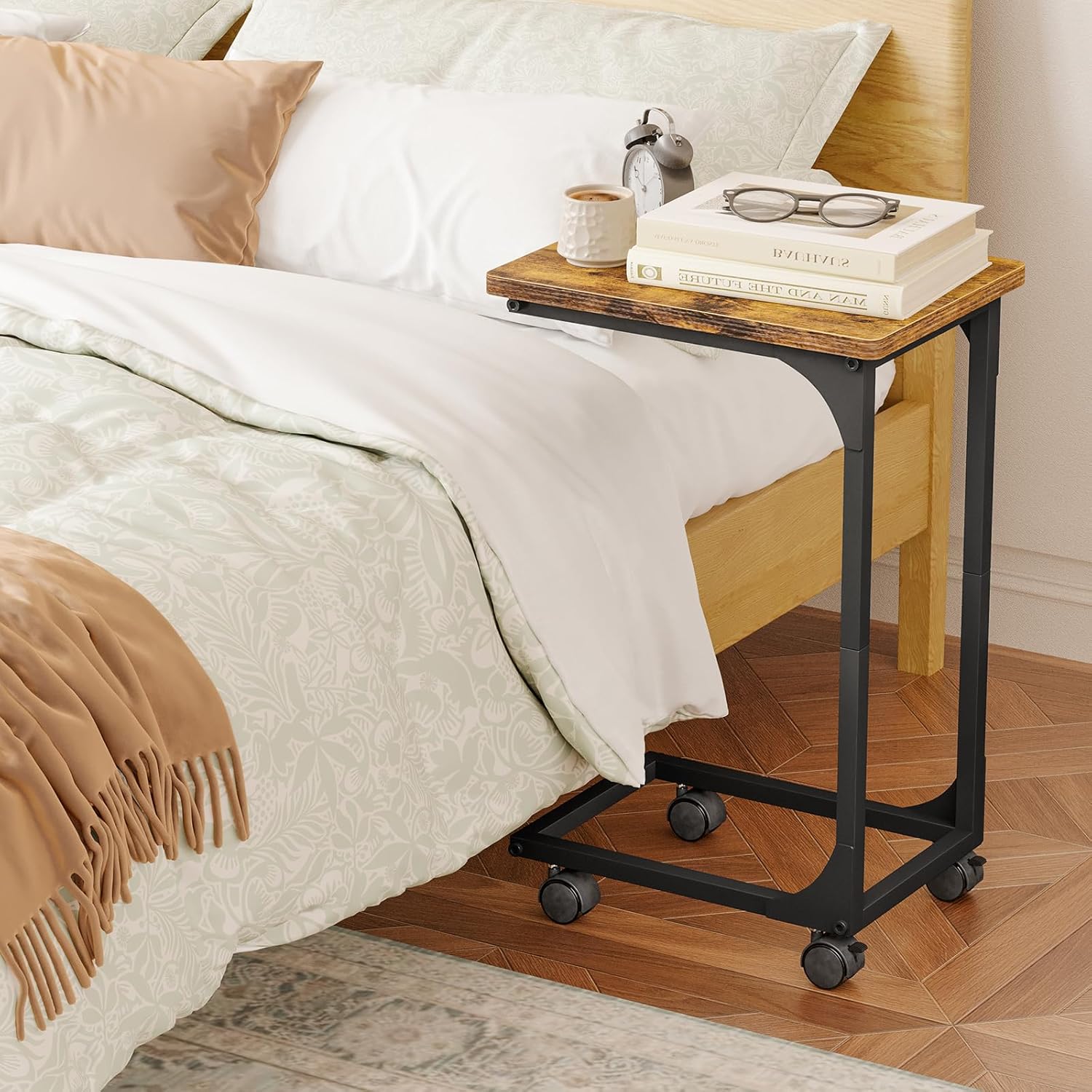 Fixwal TV Tray, C Table, C Shaped Side Table with Wheels for Couch, Coffee Tables for Living Room Sofa End Table, Bedside Table for Bedroom, Rustic Brown