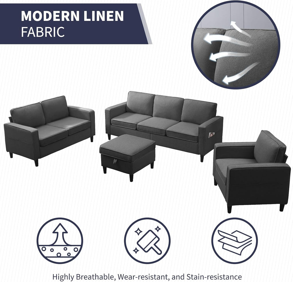 ijuicy Modern 6 Seat Sectional Sofa Set with Movable Storage Ottoman/Side Pockets, 3Pcs Couch Set for Living Room Furniture,3 Seat Living Room Couch & Loveseat & Armchair(3+2+1,Dark Grey)