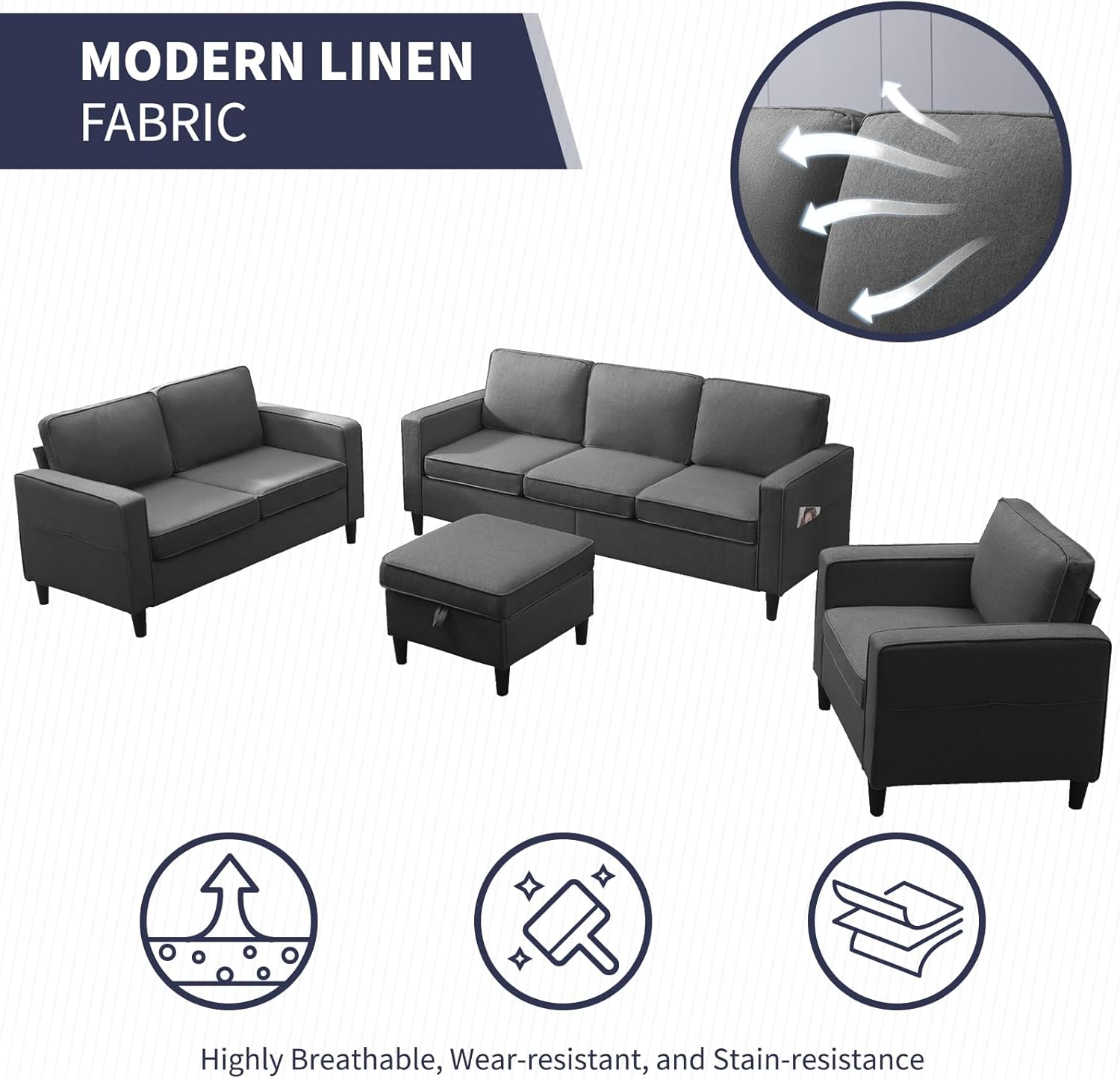 ijuicy Modern 6 Seat Sectional Sofa Set with Movable Storage Ottoman/Side Pockets, 3Pcs Couch Set for Living Room Furniture,3 Seat Living Room Couch & Loveseat & Armchair(3+2+1,Dark Grey)