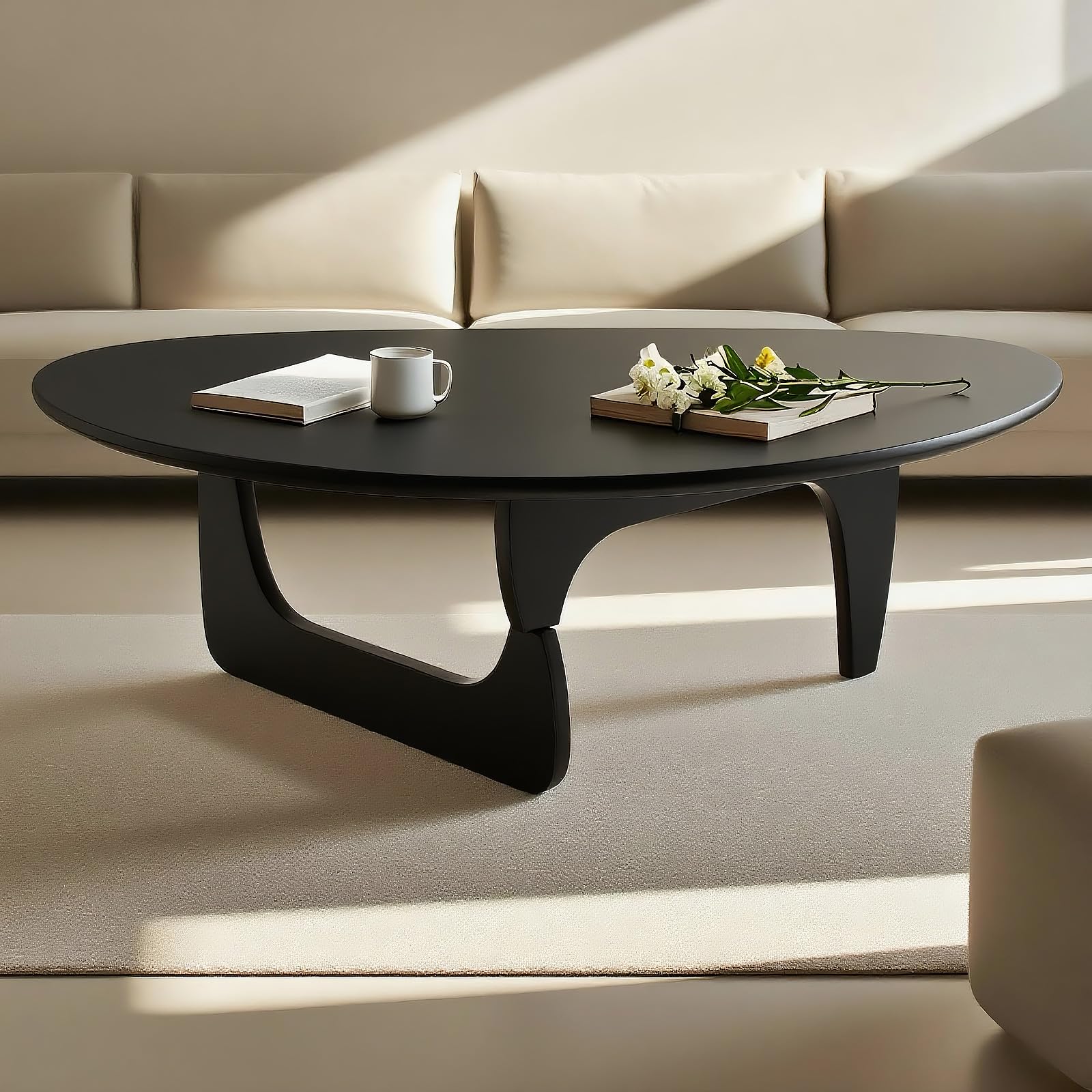 Modern Triangle Coffee Table: Unique Funky Soild Wood Coffee Tables for Living Room, Wooden Oval Mid-Century Modern Abstract Tea Tables for Patio Office Balcony Walnut 35" L x 24" W x 16" H