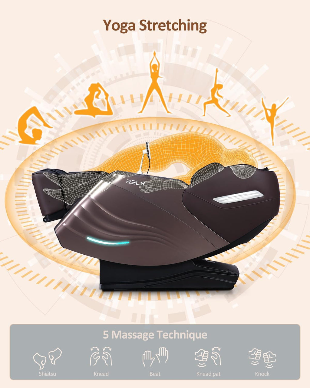 RELX 2025 Massage Chair Full Body, Zero Gravity SL-Track Shiatsu Massage Chair Built-in Heat System, Airbag Massage, with Body Scan, Deep Yoga Stretch, Calfrest Extension and AI Control(Brown)