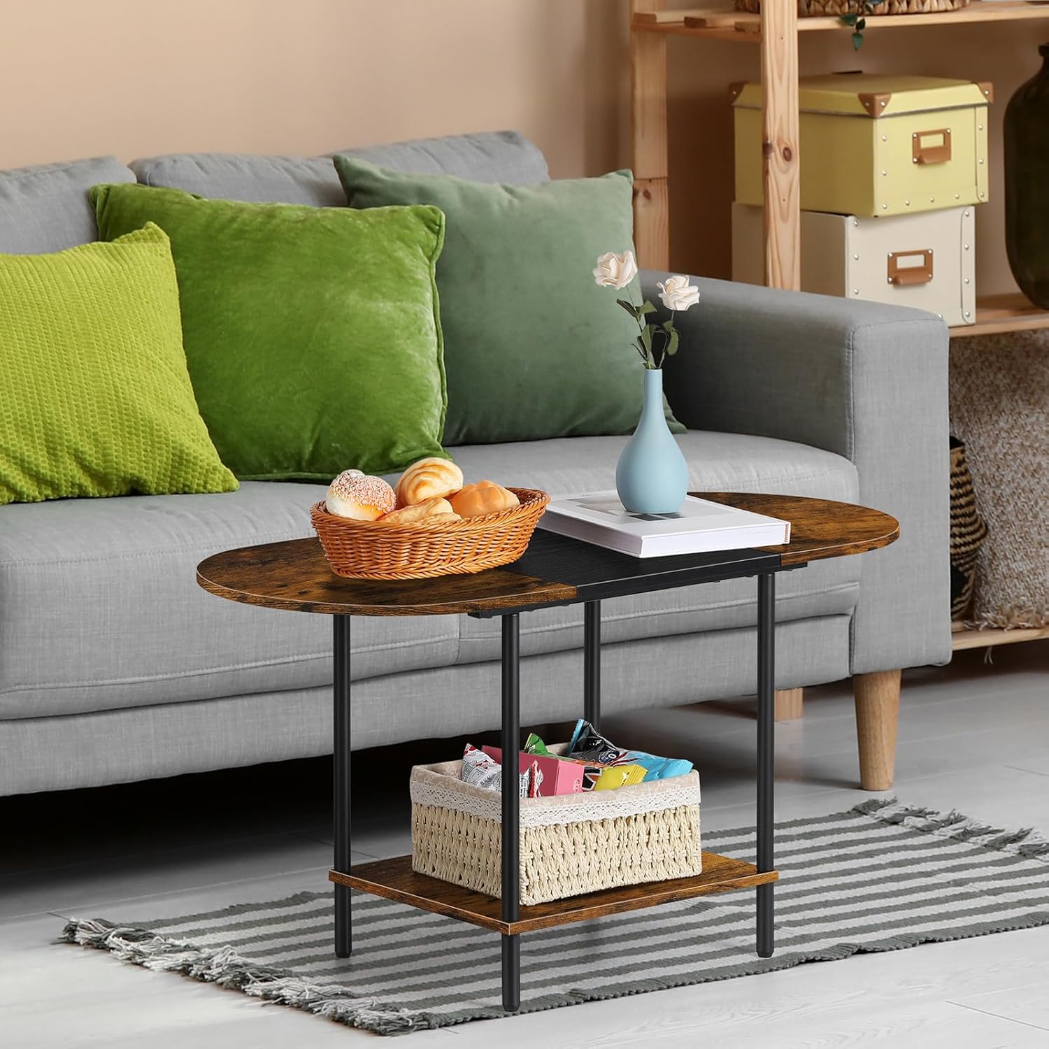 ETELI Small Round Coffee Tables for Small Space Farmhouse Oval Coffee Table with 2-Tier Storage Shelf Circle Center Tea Table for Living