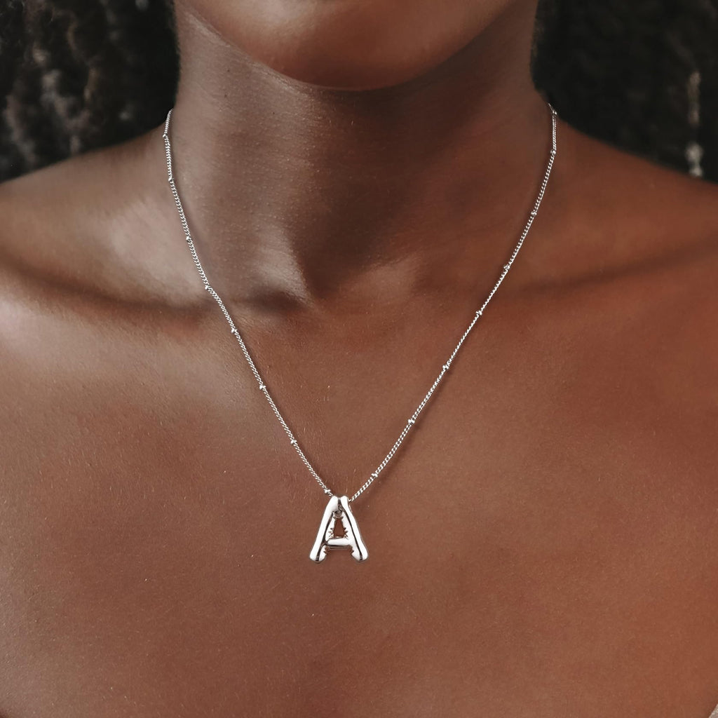 Coshilta Silver Bubble Letter Necklace for Women, Sterling Silver Balloon Initial A-Z Pendant Necklace Trendy Dainty Satellite Bead Chain Necklace Personalized Custom Jewelry Gifts for Women