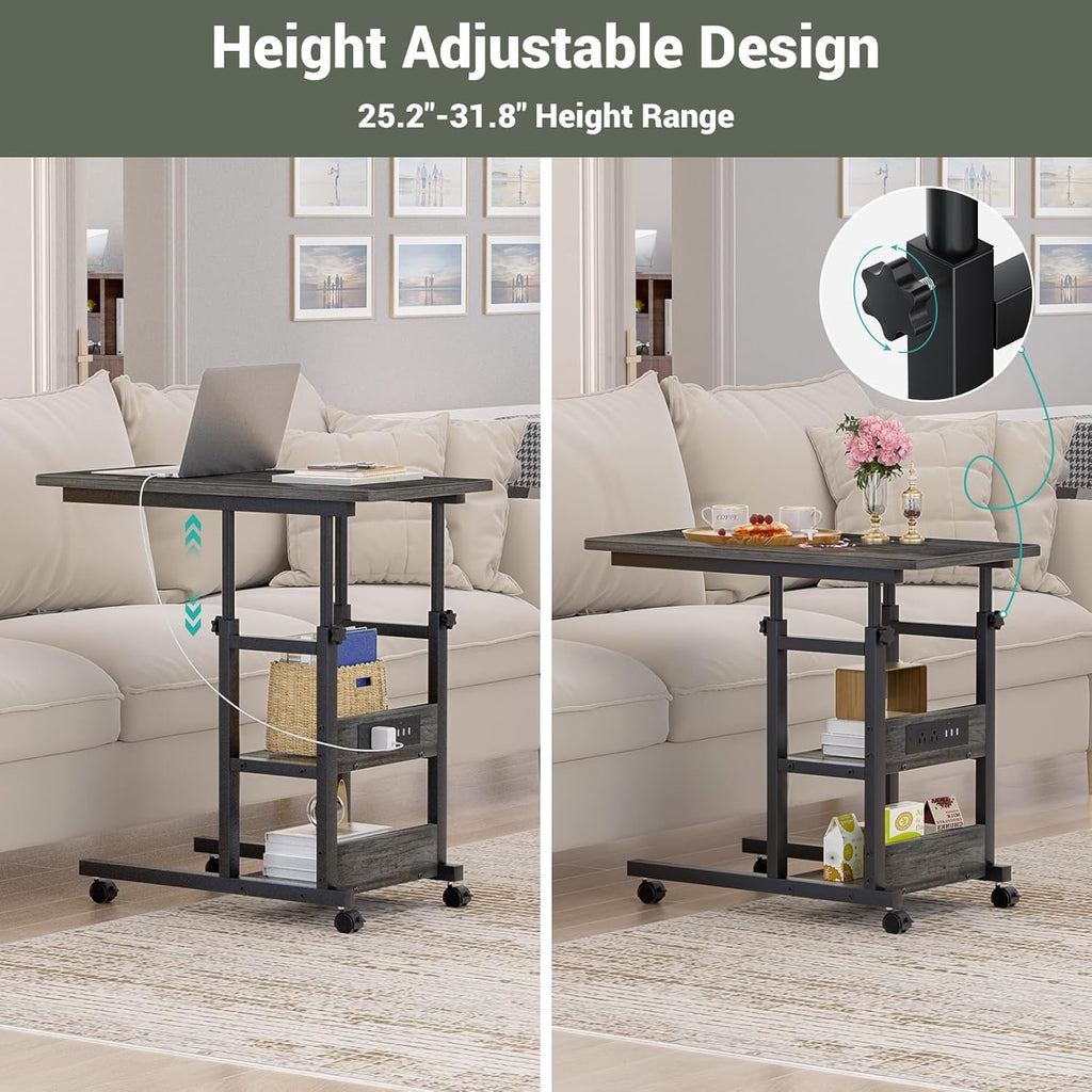 Height Adjustable End Table with Charging Station, Mobile C Shaped Laptop Side Table with Wheels, 3-Tier Sofa Couch Table with Storage Shelve for Living Room Bedroom, Black