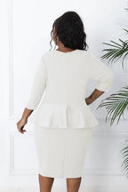 Runwind Plus Size Dresses for Curvy Women Midi Church Sheath Peplum 3/4 Sleeve Work Office Business Bodycon Pencil Dress White 2XL