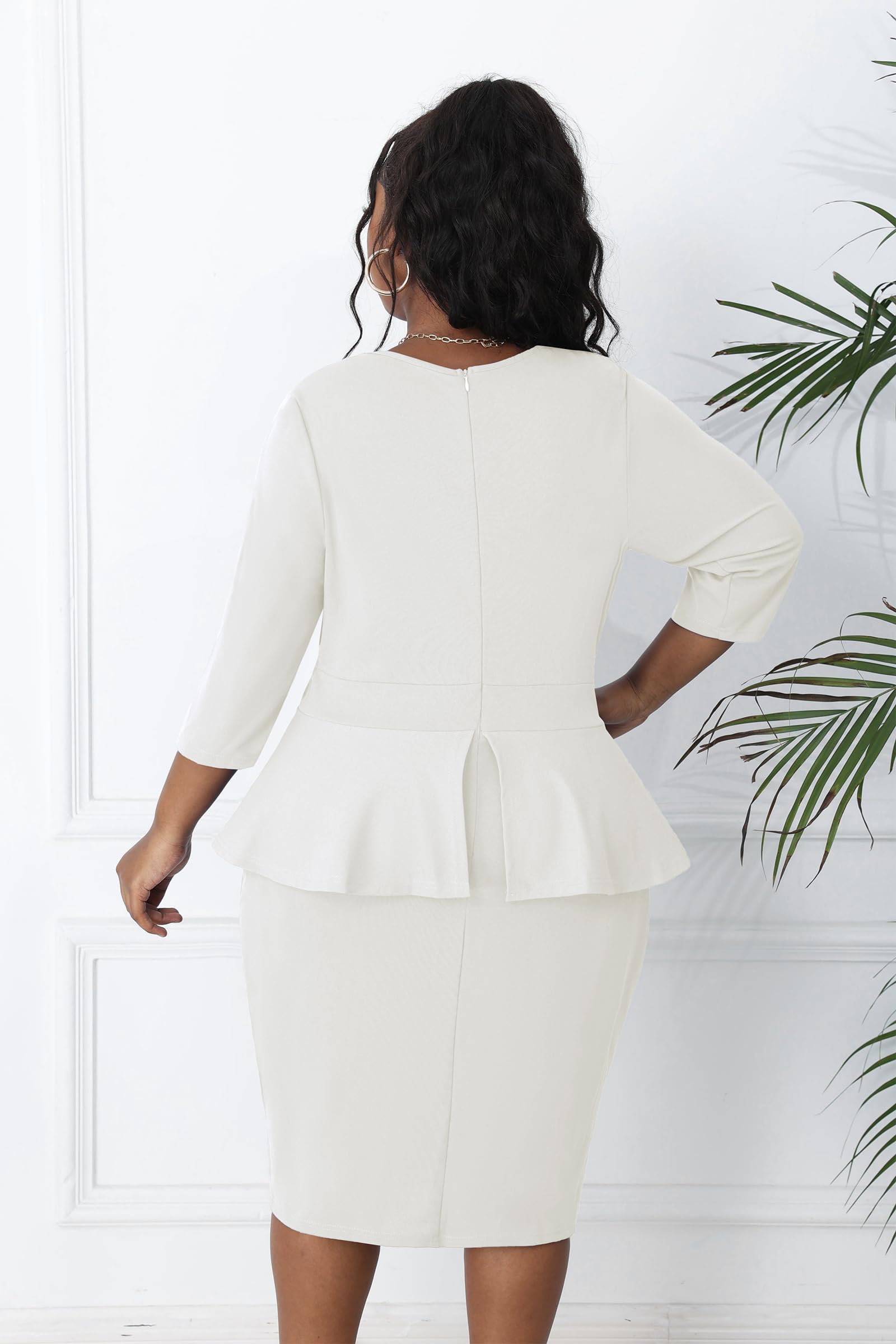 Runwind Plus Size Dresses for Curvy Women Midi Church Sheath Peplum 3/4 Sleeve Work Office Business Bodycon Pencil Dress White 2XL