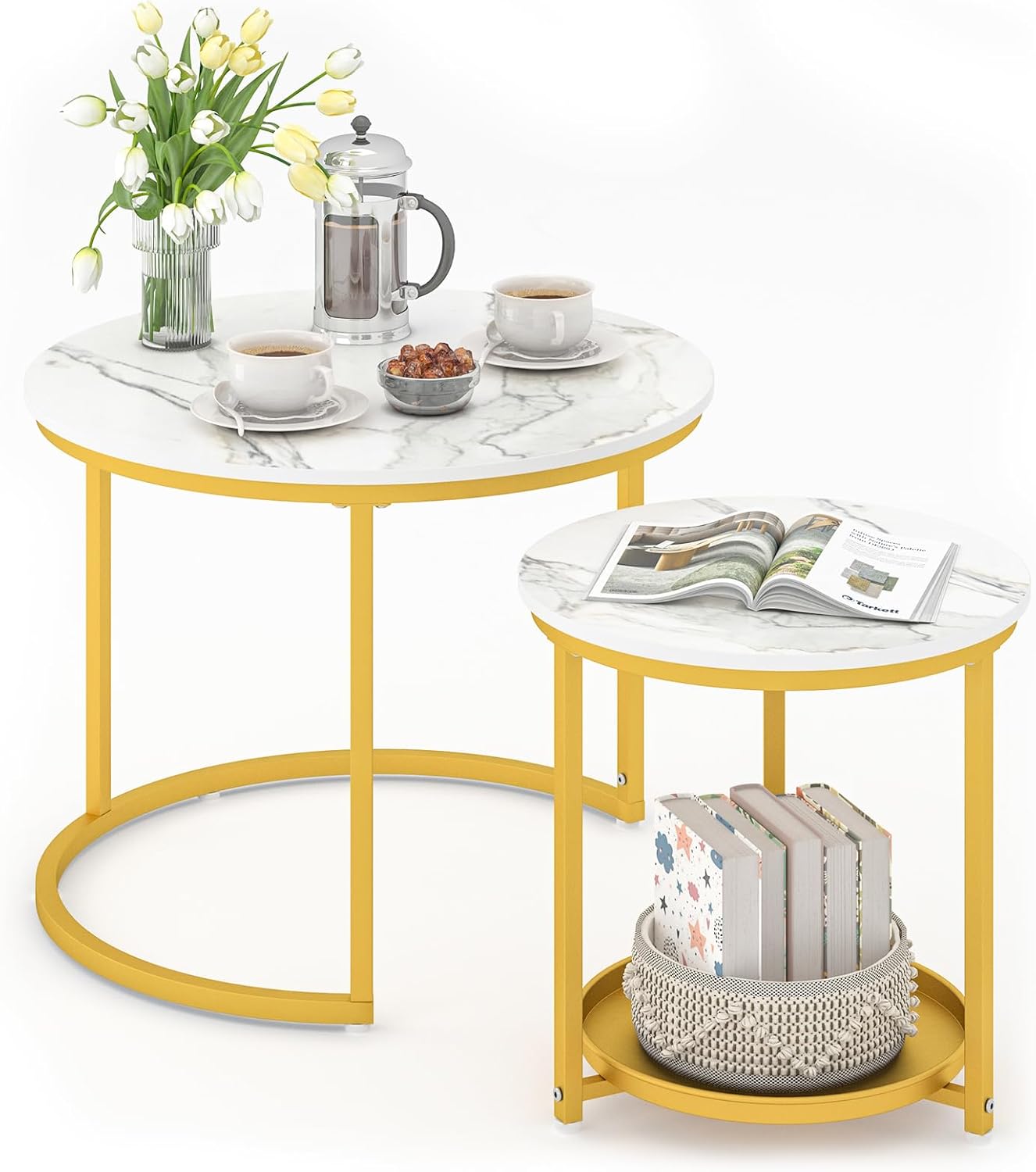 Nesting Coffee Table Set of 2,23.6" Modern Round Coffee Table with Gold Metal Frame,White Nesting Circle Patio Coffee Table Set of 2 for Living Room Garden Bedroom (White)