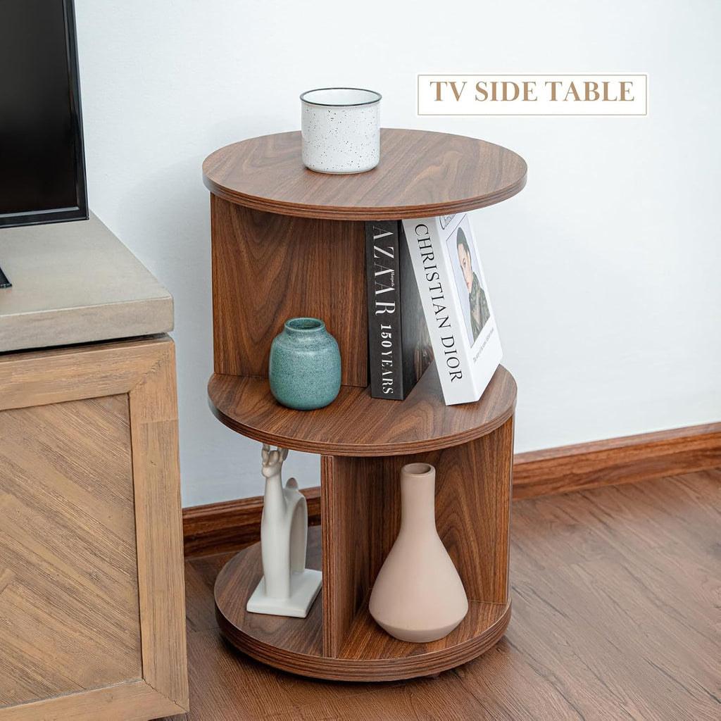 KAYMILY Living Room Side Table, Office Round Bookshelf End Table, Bedroom Mid Century Modern Nightstands, Contemporary Accent Tables - Easy Assembly - MDF Wood - Stationary - Walnut