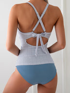 B2prity Women's Ruched Tankini Swimsuits V Neck Wrap Tie Back Two Pieces Swimwear Tummy Control Bathing Suit (Blue Striped)