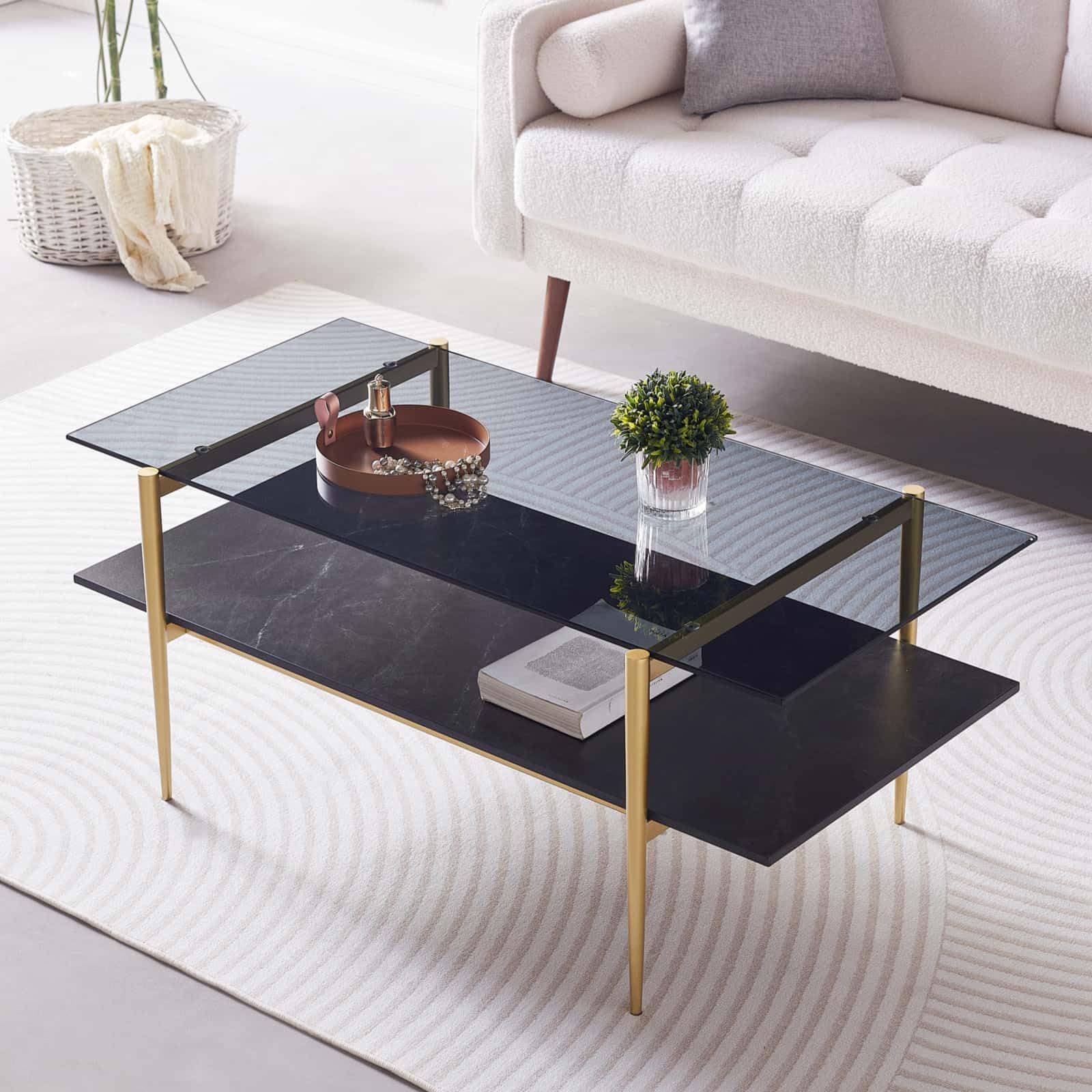 Extra Large Round Coffee Table, Mid-Century Modern Design, D34 x H17 in, for Living Room, 2-Tier Structure, Amber Glass Top and Walnut MDF Shelf, Sleek Conical Metal Legs with Gold Finish