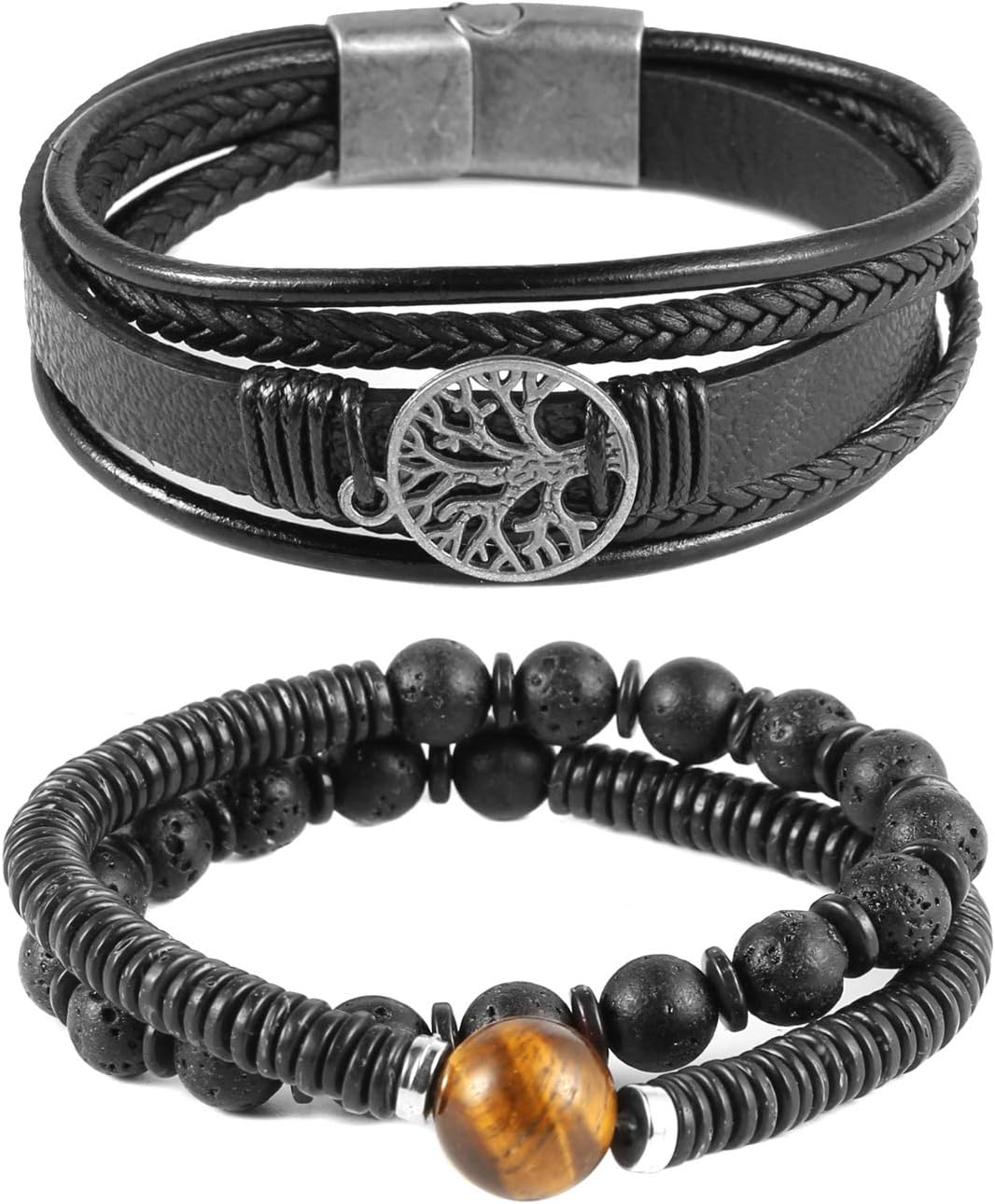 HZMAN Genuine Leather Tree of life Bracelets Men Women, Tiger Eye Natural Stone Lava Rock Beads Ethnic Tribal Elastic Bracelets Wristbands