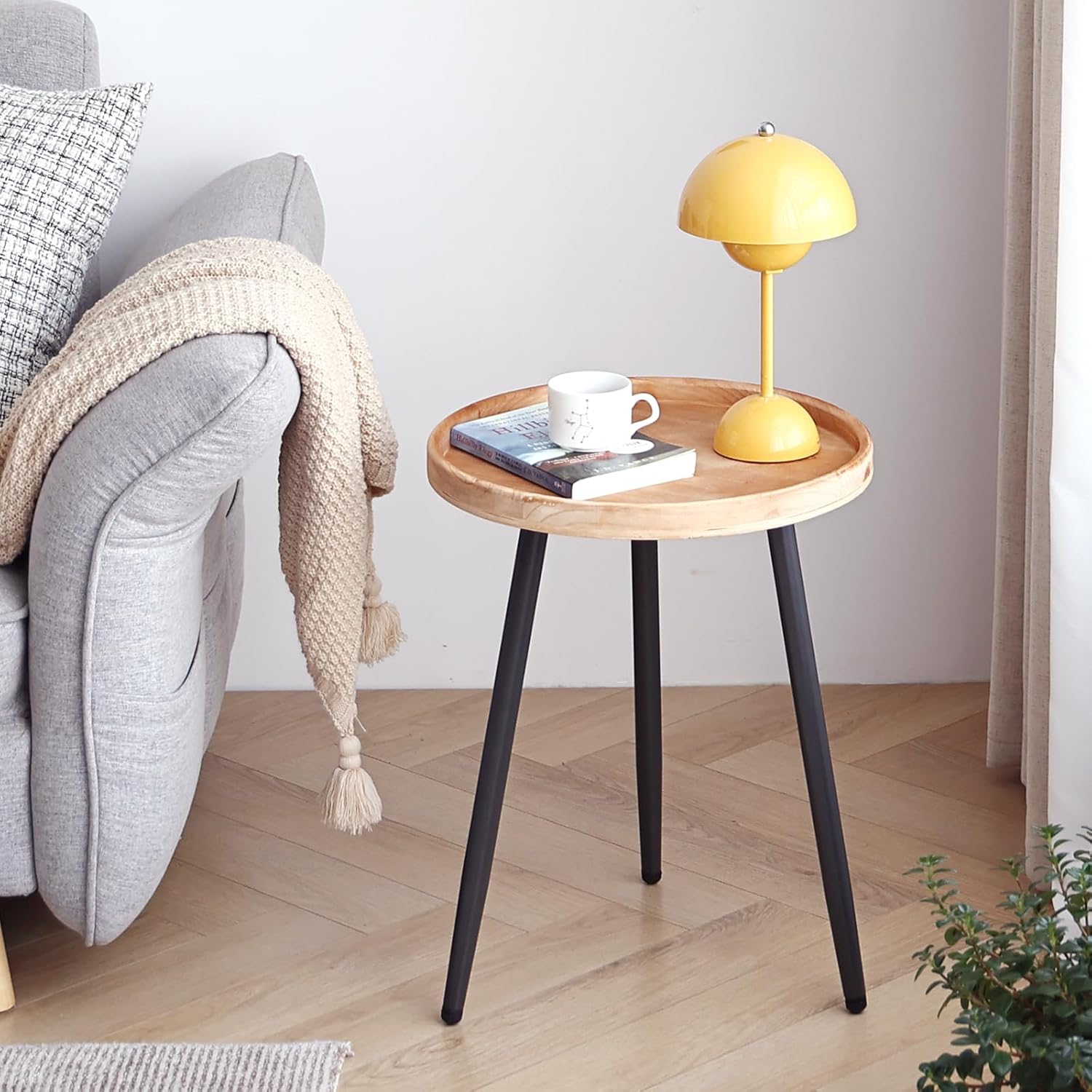 LITA Log Desktop Round Side End Table, Indoor Outdoor Wooden Tray Nightstand Table with Metal Stand for Living Room Bedroom Office Small Spaces (M)