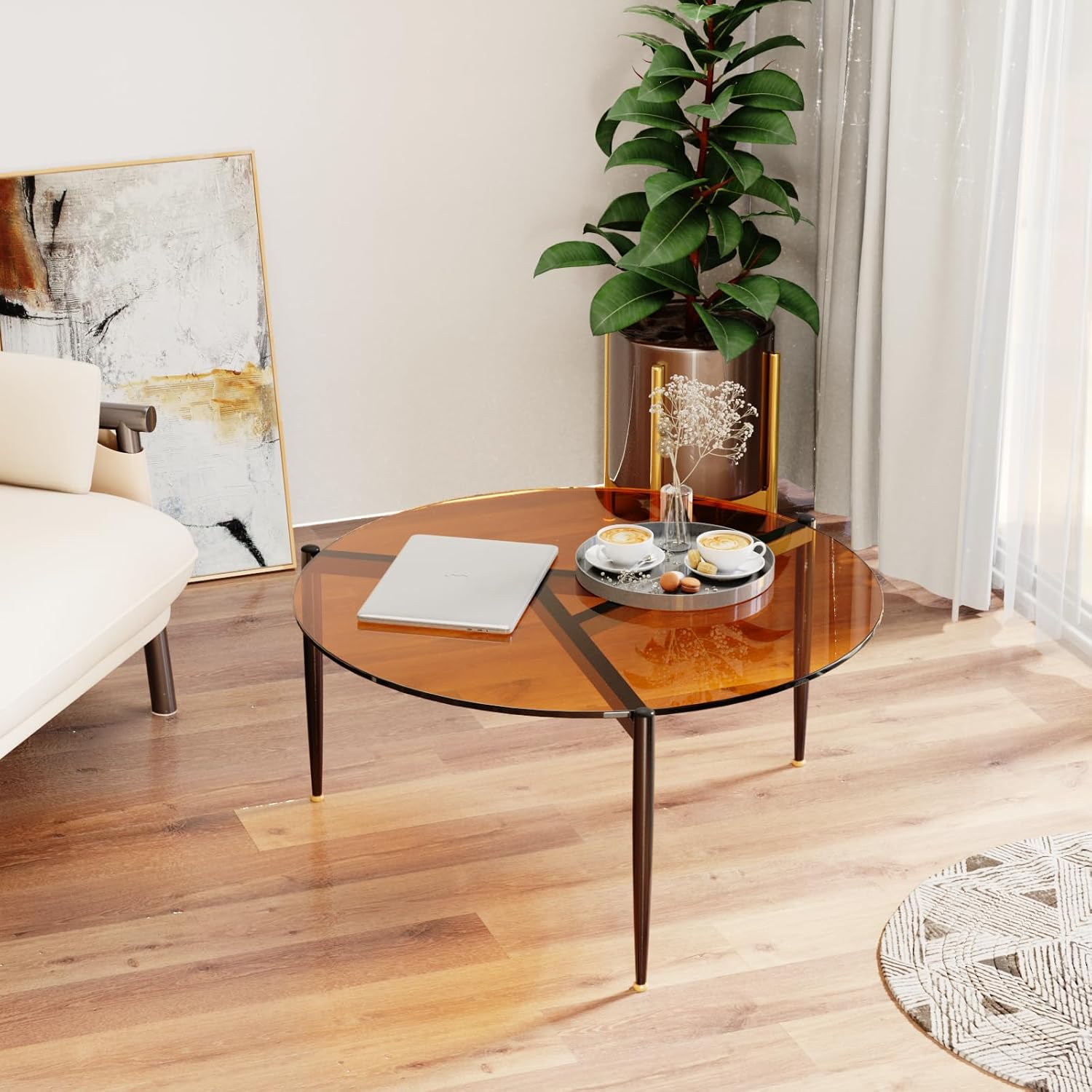 Round Tempered Glass Table 31.5 inch Large Circle Top Metal Frame Brown