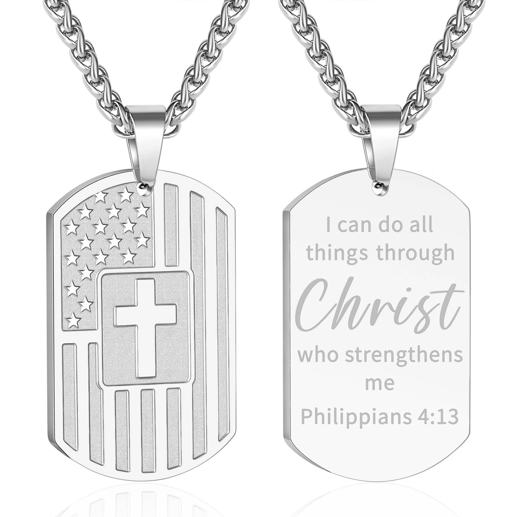 DuoDiner Graduation Gifts-American Dog Tag Necklace Bible Verse Pendant, First Communion Baptism Confirmation Religious Graduation Gifts for Him Boys Men Kids Teens Dad