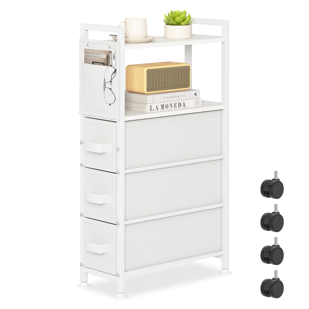 Narrow Side Tables with Drawer for Small Spaces, Small End Table Slim Nightstand with Wheels, Space Saving Skinny Thin Bedside Sofa Coffee Desk with Storage Bag for Bedroom Living Room Couch