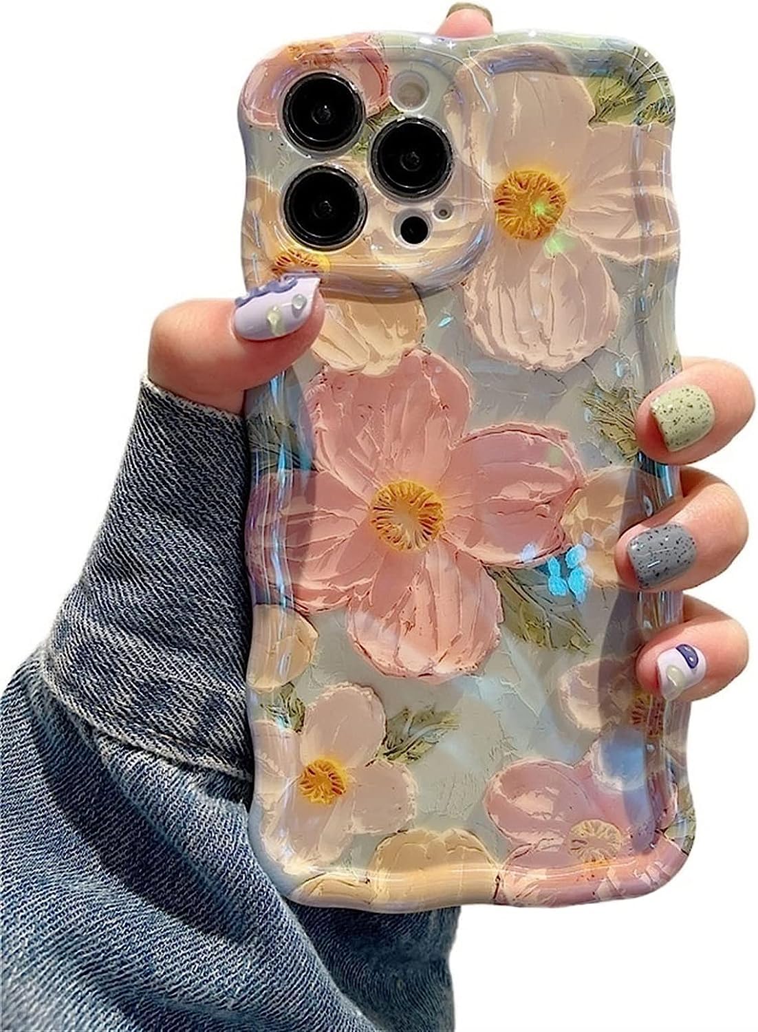 EYZUTAK Case for iPhone 13 Pro Max, Colorful Retro Oil Painting Printed Flower Laser Glossy Pattern Cute Curly Wave Edge Exquisite, Stylish Durable TPU Protective Phone Cover for Girls Women-Green