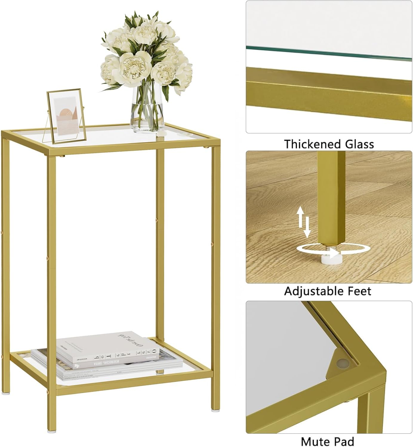 Side Tables Set of 2, End Tables with Tempered Glass, 2-Tier Nightstands with Storage Shelves, Coffee Table with Modern Style, Slim Sofa Table for Living Room, Bedroom, 11.8" D x 15" W, Golden