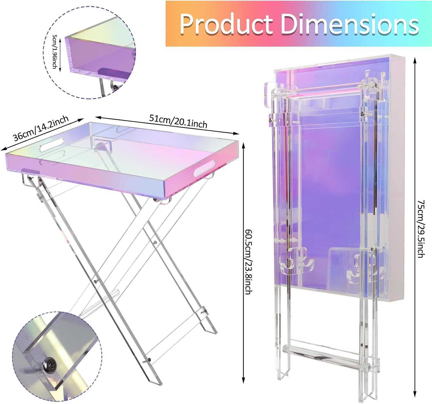 Acrylic Folding Tray Table, Rainbow Color Acrylic Coffee Table, Iridescent Side Table Modern Accent Square End Table for Coffee, Drink, Food, Snack for Living Room & Bedroom
