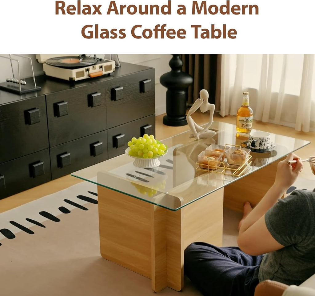 Modern Glass Coffee Table, Artistic Rectangular Coffee Table with Tempered Glass Top and Geometric Wooden Base, Designer Minimalist Center Table for Living Room, Small Space, Apartment, Office