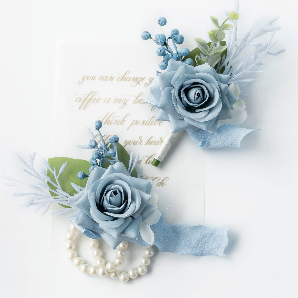 ست مچ‌بند و گل سینه YSOJMAN برای عروس، ساقدوش، مادر، مادربزرگ در جشن عروسی، گل‌های رز مصنوعی برای جشن عروسی، مجموعه ۲ عددی (آبی خاکستری)