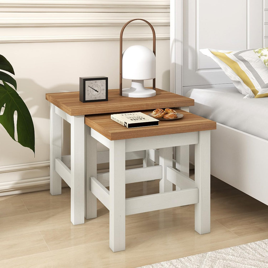 Vikiullf Farmhouse Nesting Table Set of 2, Wooden Coffee Tables, Modern Square End Table, Side Table for Living Room, Bedroom, Accent Bedside Table