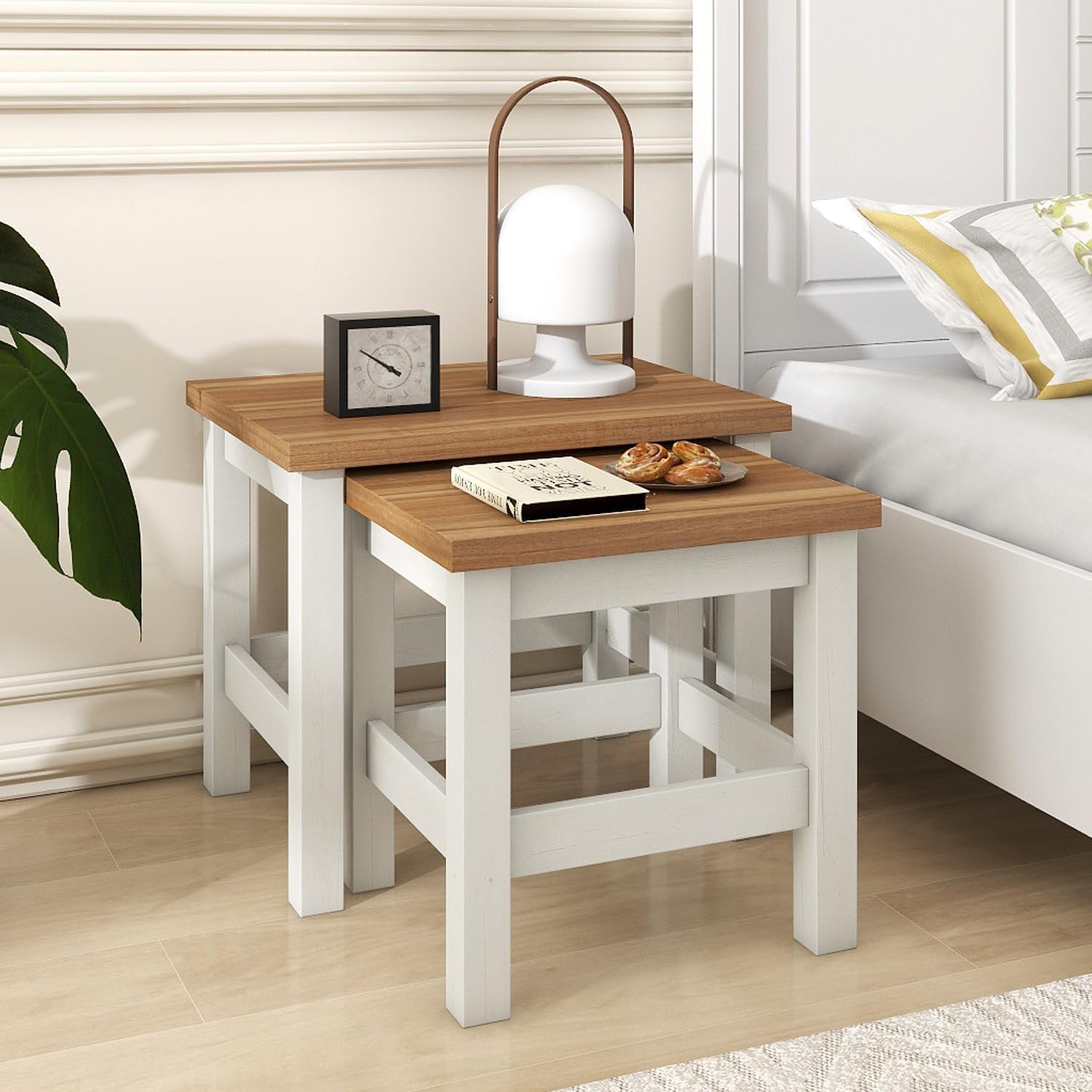 Vikiullf Farmhouse Nesting Table Set of 2, Wooden Coffee Tables, Modern Square End Table, Side Table for Living Room, Bedroom, Accent Bedside Table