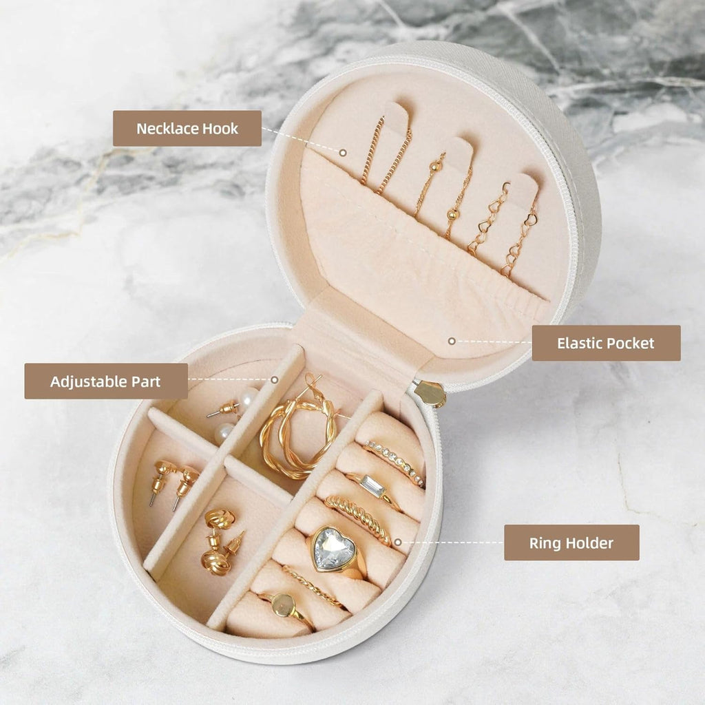 Small Jewelry Box Leather Travel Jewelry Case Waterproof Round Jewelry Organizer White For Womens Rings Necklaces Gifts Petoskey Stone