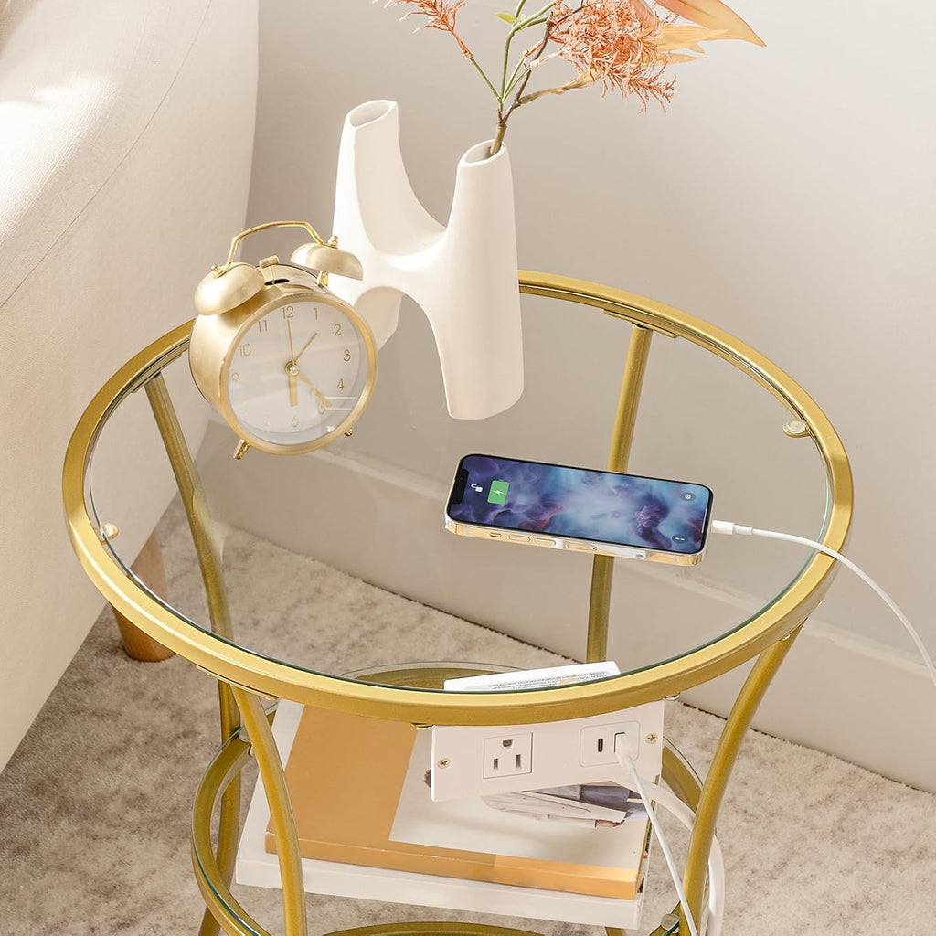 HOOBRO Round Coffee End Table with Charging Station, 2-Tier Small Accent Side Table with Glass Top, Round Nightstand for Small Space in Living Room, Bedroom, Gold GD83UBZ01
