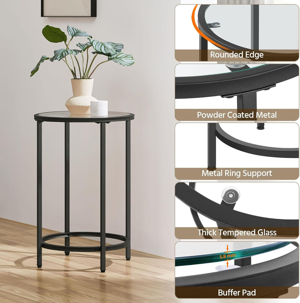 Yaheetech Glass End Table, Round Side Table, Small Coffee Accent Table Nightstand w/Glass Top & Metal Frame for Living Room/Balcony/Bedroom/Porch/Small Space, Modern Style, Black