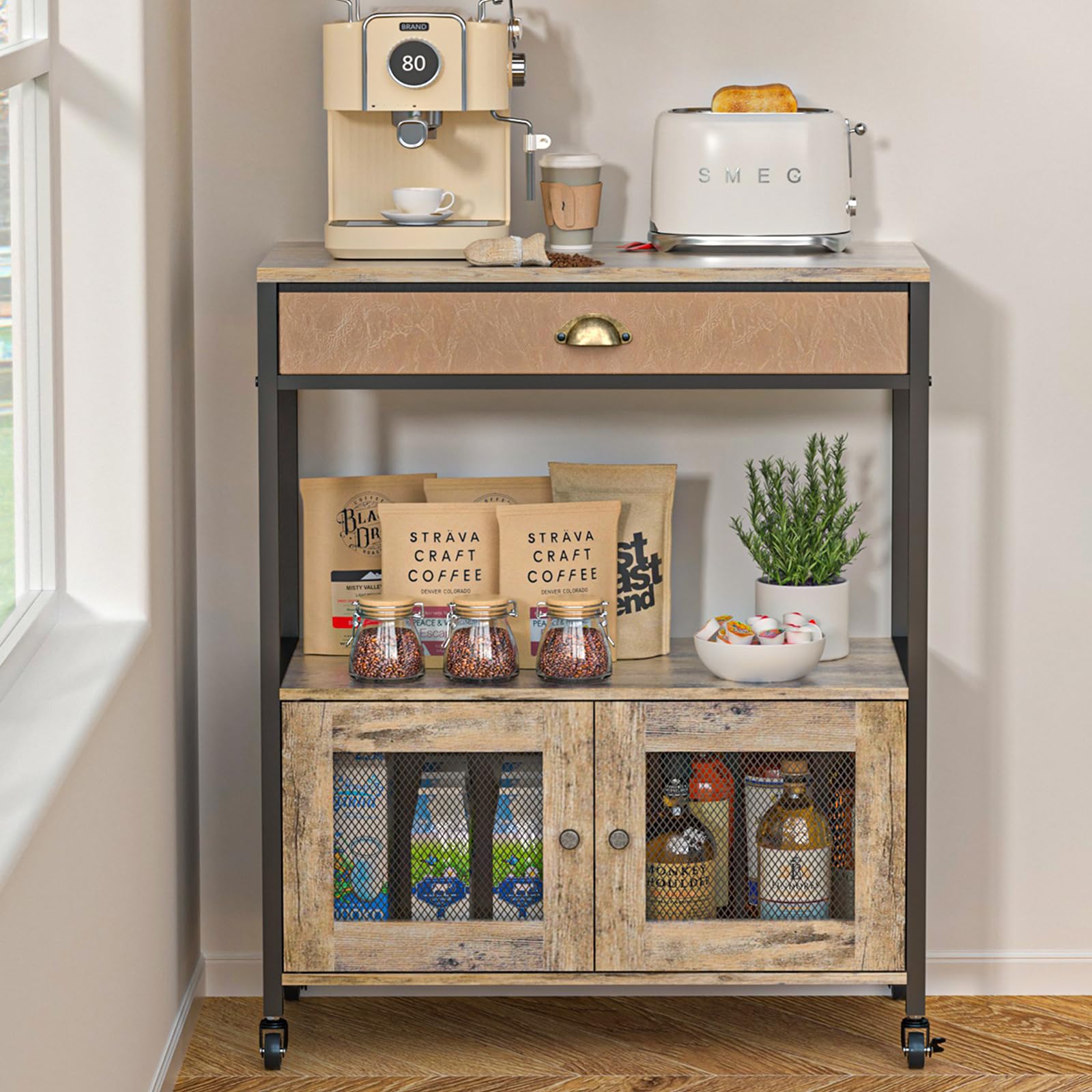 X-cosrack Buffets Coffee Bar Station, 3-Tier Small Coffee Stand Station with Storage, Farmhouse-Style Microwave Cart Featuring 2-Door Cabinet Ideal for Living Room, Entryway, Sideboards