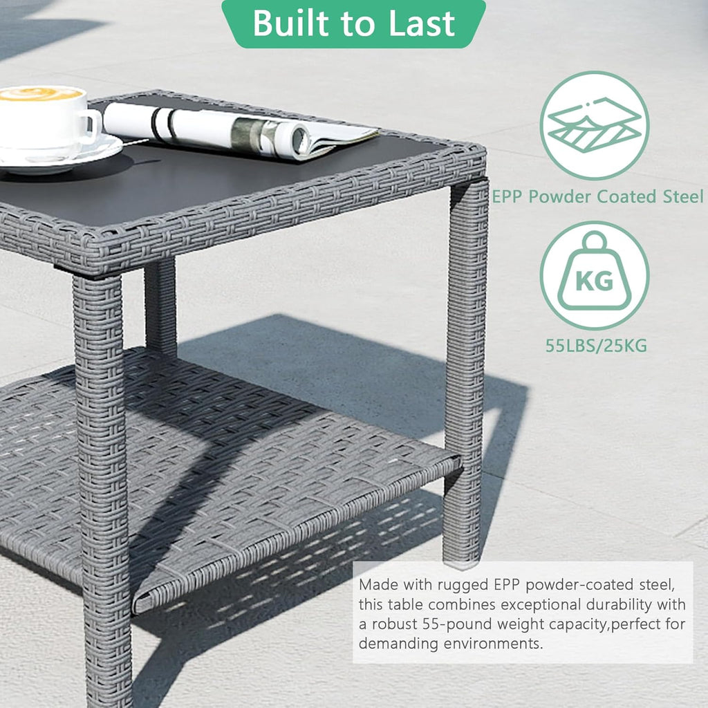 Helios&Hestia Square All Weather Rattan Wicker Outdoor Coffee Side End Table with Glass Top for Patio, Deck, Backyard, Garden, Grey