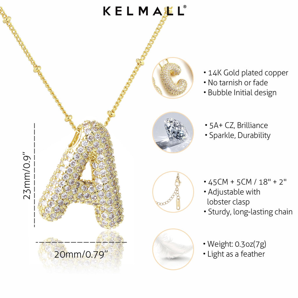 KELMALL Kubischer Zirkonia Blasen-Anfangsbuchstaben-Halskette für Frauen - Elegante goldbeschichtete A-Z Alphabet Namensanhänger-Halskette mit Strass - Personalisierte Geschenk