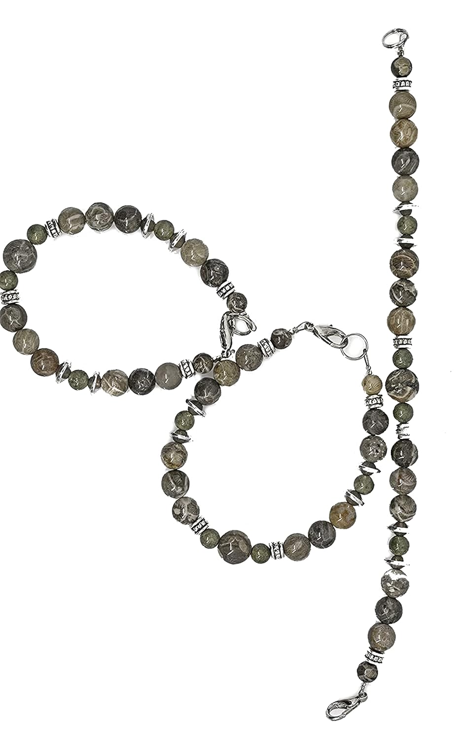 beaded bracelet jewelry mixed fossils, Petoskey stone and Epidote (6.5 inches)