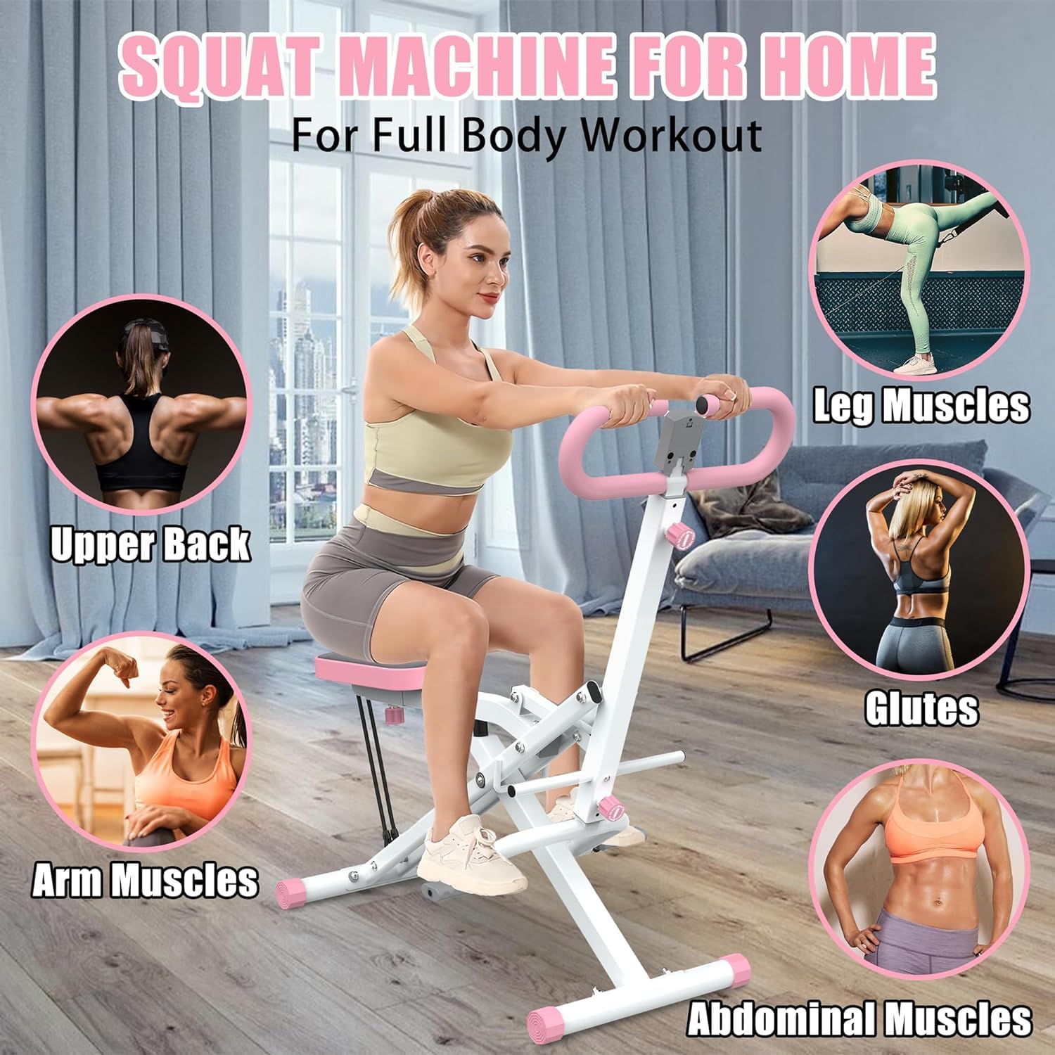 Squat Machine for Home, Squat Ride / Rowing Machine with Adjustable Resistance, Foldable Exercise Equipment, Glute & Leg Cardio Workout Machine (Pink)