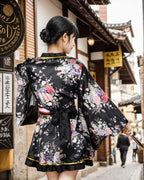 PLULON 5 Pcs Women's Japanese Kimono Robe Short Floral Print Kimono Dress Sexy Geisha Yukata Satin Bathrobe with Accessories