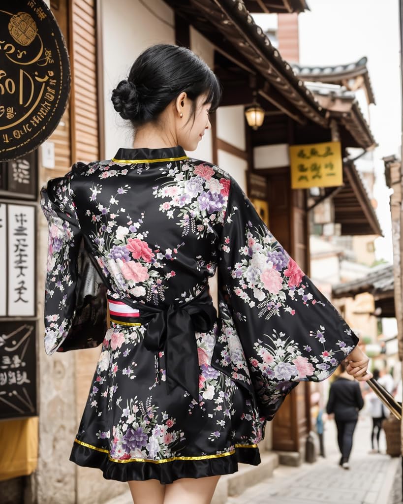 PLULON 5 Pcs Women's Japanese Kimono Robe Short Floral Print Kimono Dress Sexy Geisha Yukata Satin Bathrobe with Accessories