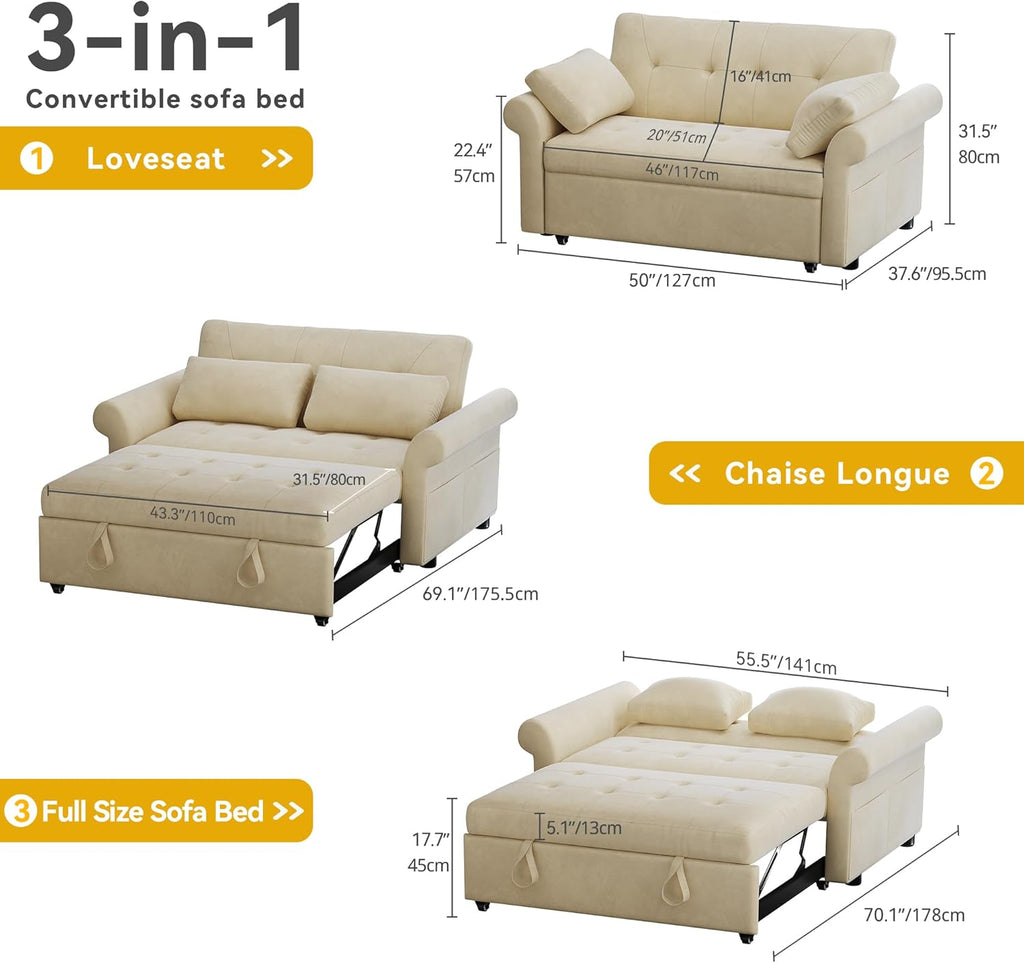 DWVO 3 in 1 Sleeper Sofa Bed, 56 Inch Convertible Loveseat Sofa with Pullout Bed, Reclining Backrest, Storage Pockets, Modern Space Lounge Furniture for Living Room, Includes Toss Pillows, Beige